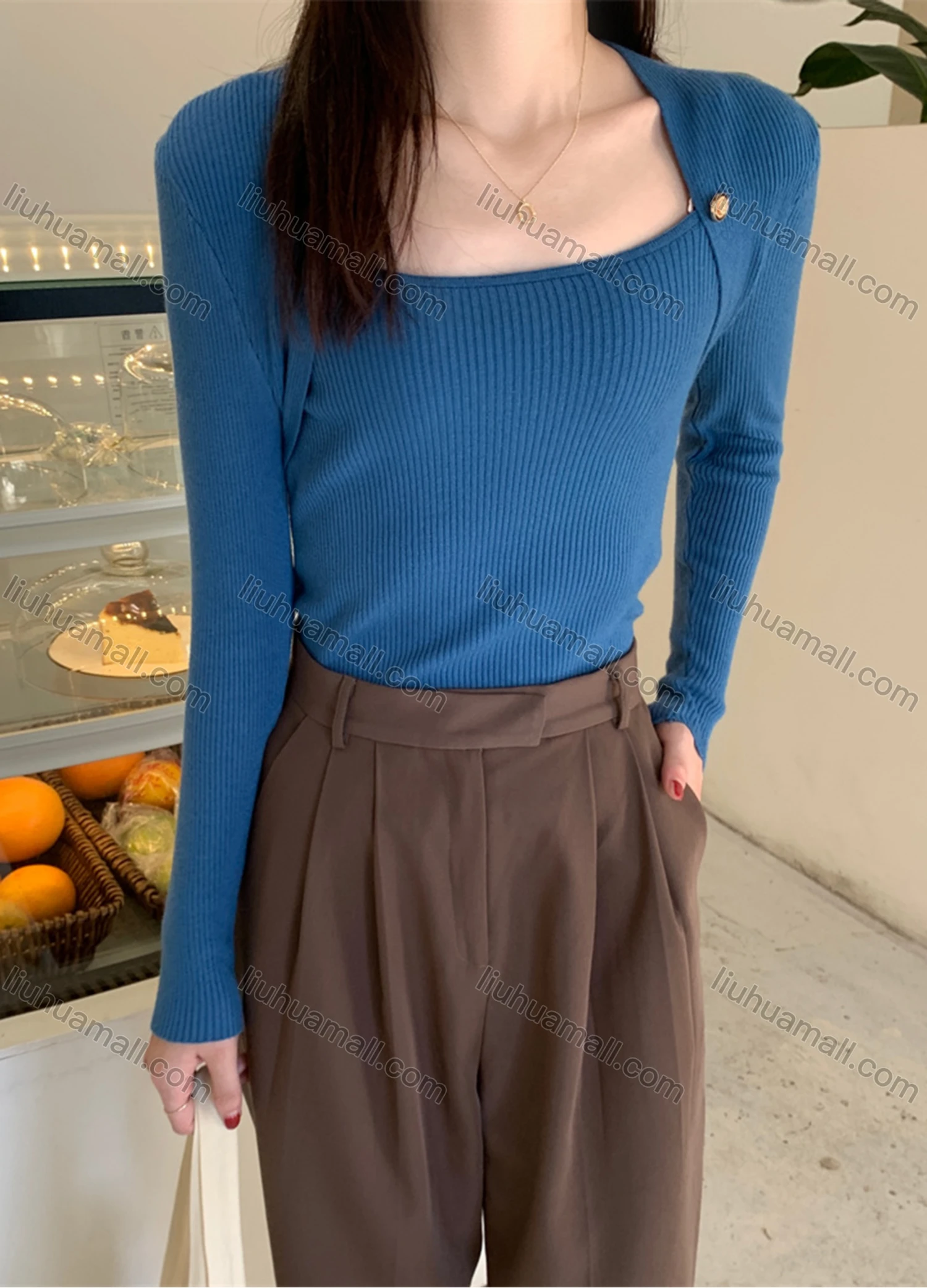 Wholesale Women's Casual Plain Square Neck Long Sleeve Ribbed Knit Sweater Tops 8032# - Liuhuamall