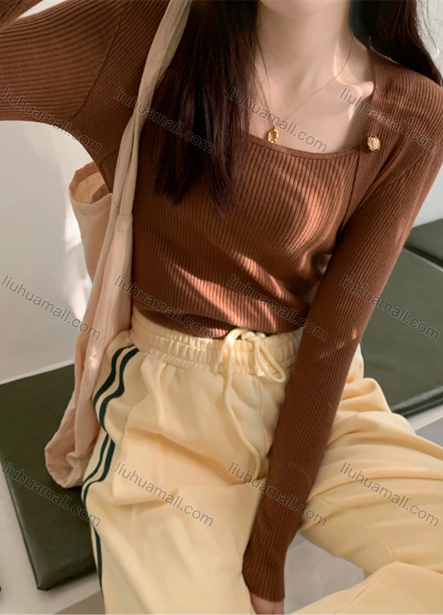 Wholesale Women's Casual Plain Square Neck Long Sleeve Ribbed Knit Sweater Tops 8032# - Liuhuamall