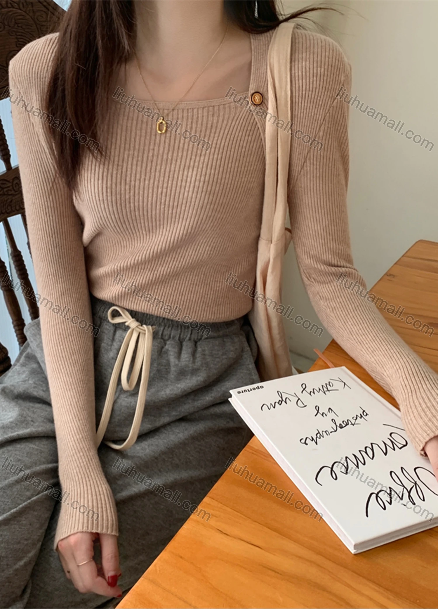 Wholesale Women's Casual Plain Square Neck Long Sleeve Ribbed Knit Sweater Tops 8032# - Liuhuamall
