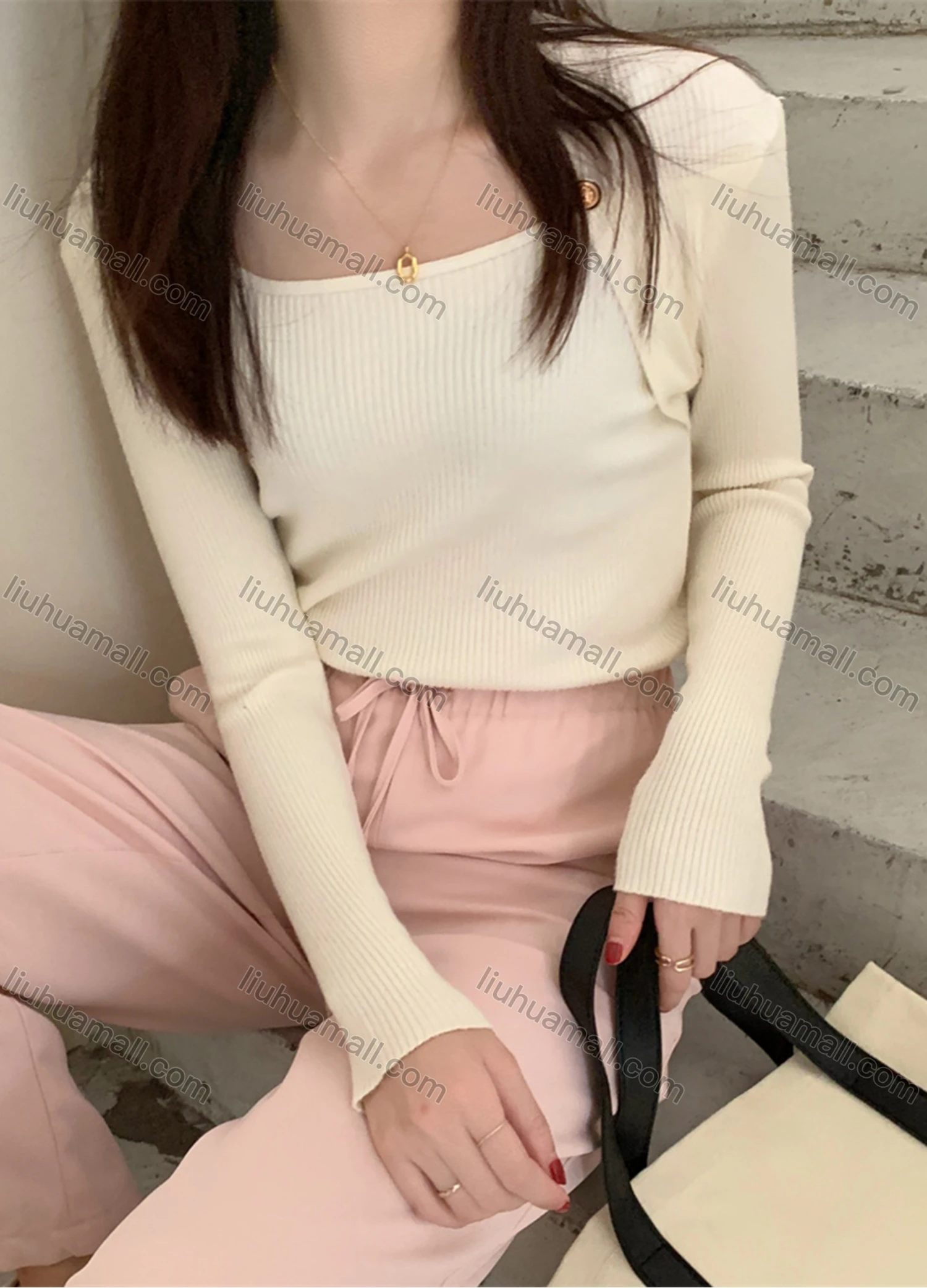 Wholesale Women's Casual Plain Square Neck Long Sleeve Ribbed Knit Sweater Tops 8032# - Liuhuamall