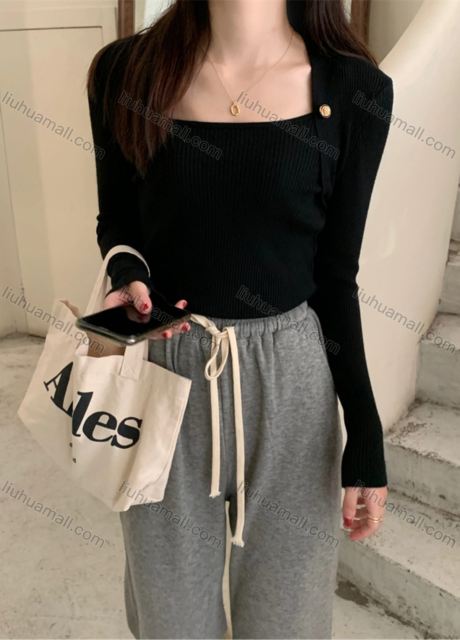 Wholesale Women's Casual Plain Square Neck Long Sleeve Ribbed Knit Sweater Tops 8032# - Liuhuamall