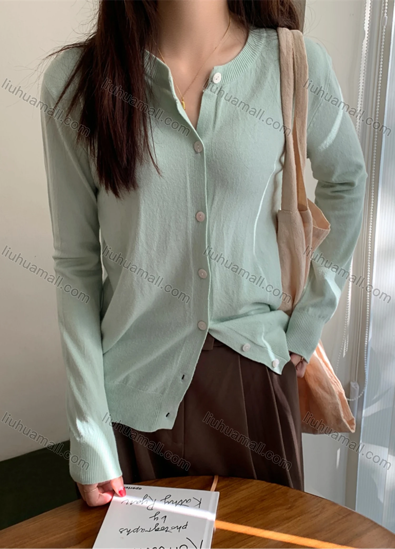 Wholesale Women's Casual Plain Round Neck Long Sleeve Button Down Sweater Shirts 8033# - Liuhuamall