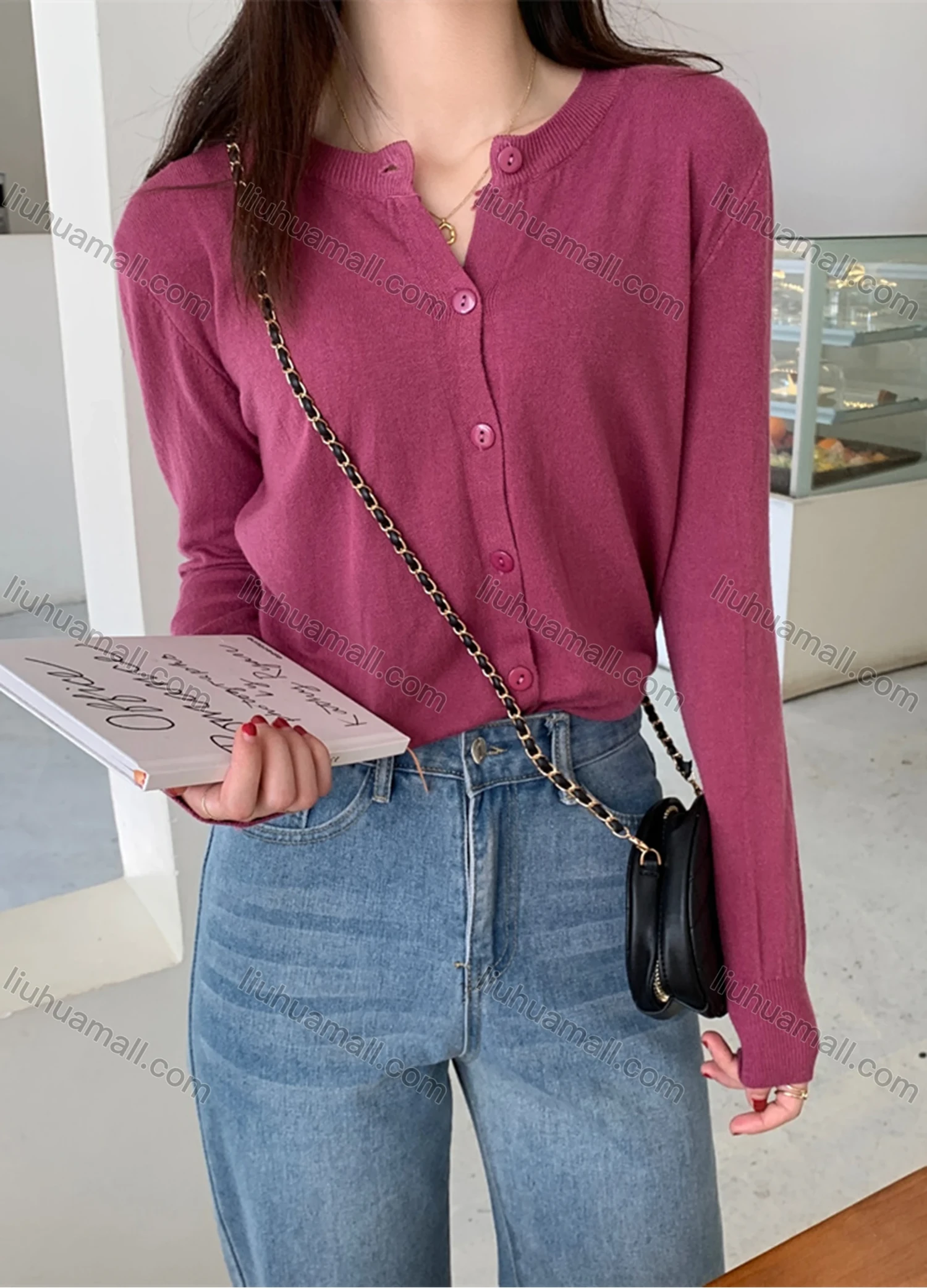 Wholesale Women's Casual Plain Round Neck Long Sleeve Button Down Sweater Shirts 8033# - Liuhuamall
