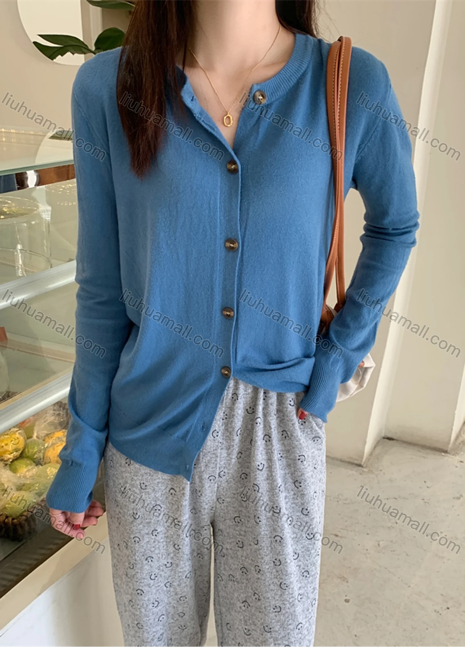 Wholesale Women's Casual Plain Round Neck Long Sleeve Button Down Sweater Shirts 8033# - Liuhuamall
