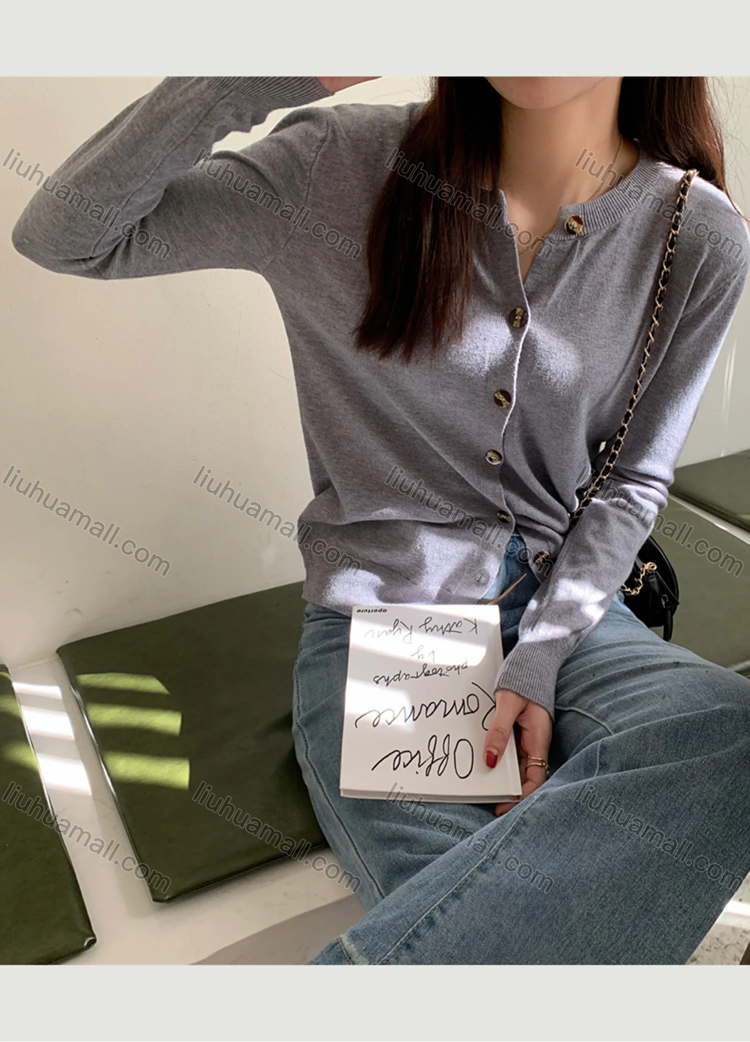 Wholesale Women's Casual Plain Round Neck Long Sleeve Button Down Sweater Shirts 8033# - Liuhuamall