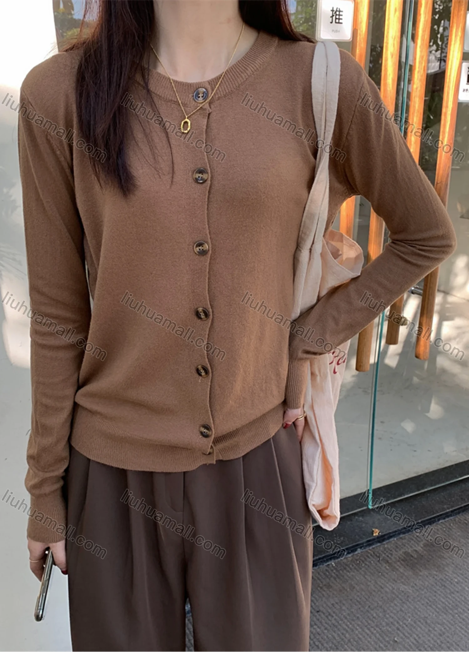 Wholesale Women's Casual Plain Round Neck Long Sleeve Button Down Sweater Shirts 8033# - Liuhuamall