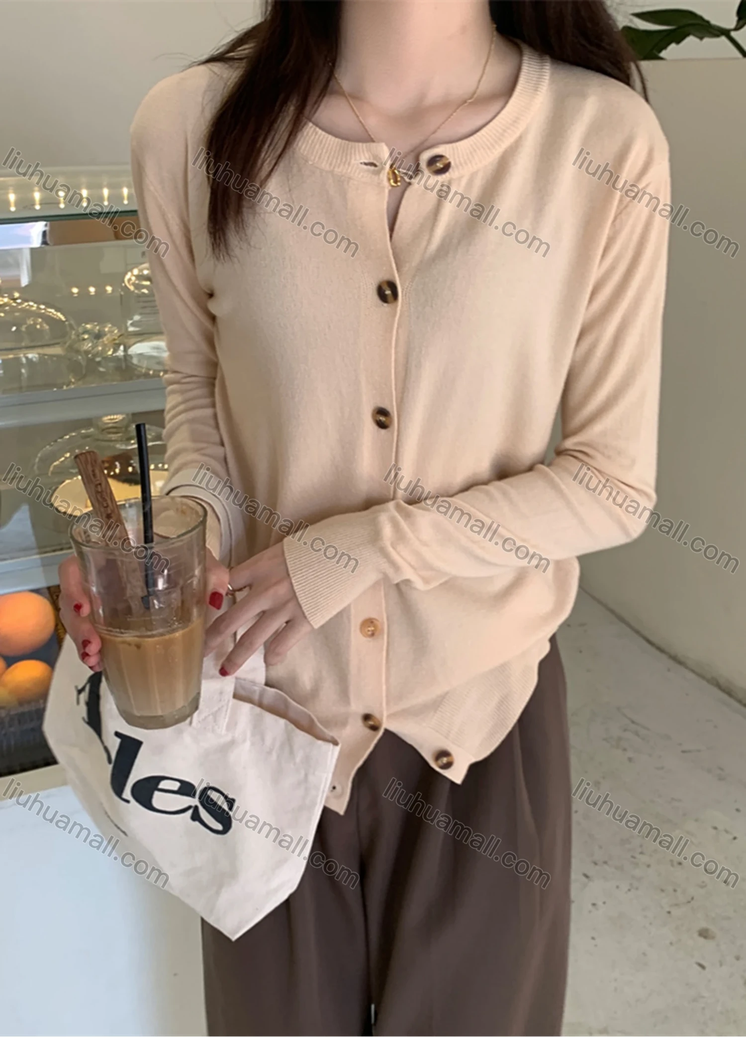 Wholesale Women's Casual Plain Round Neck Long Sleeve Button Down Sweater Shirts 8033# - Liuhuamall