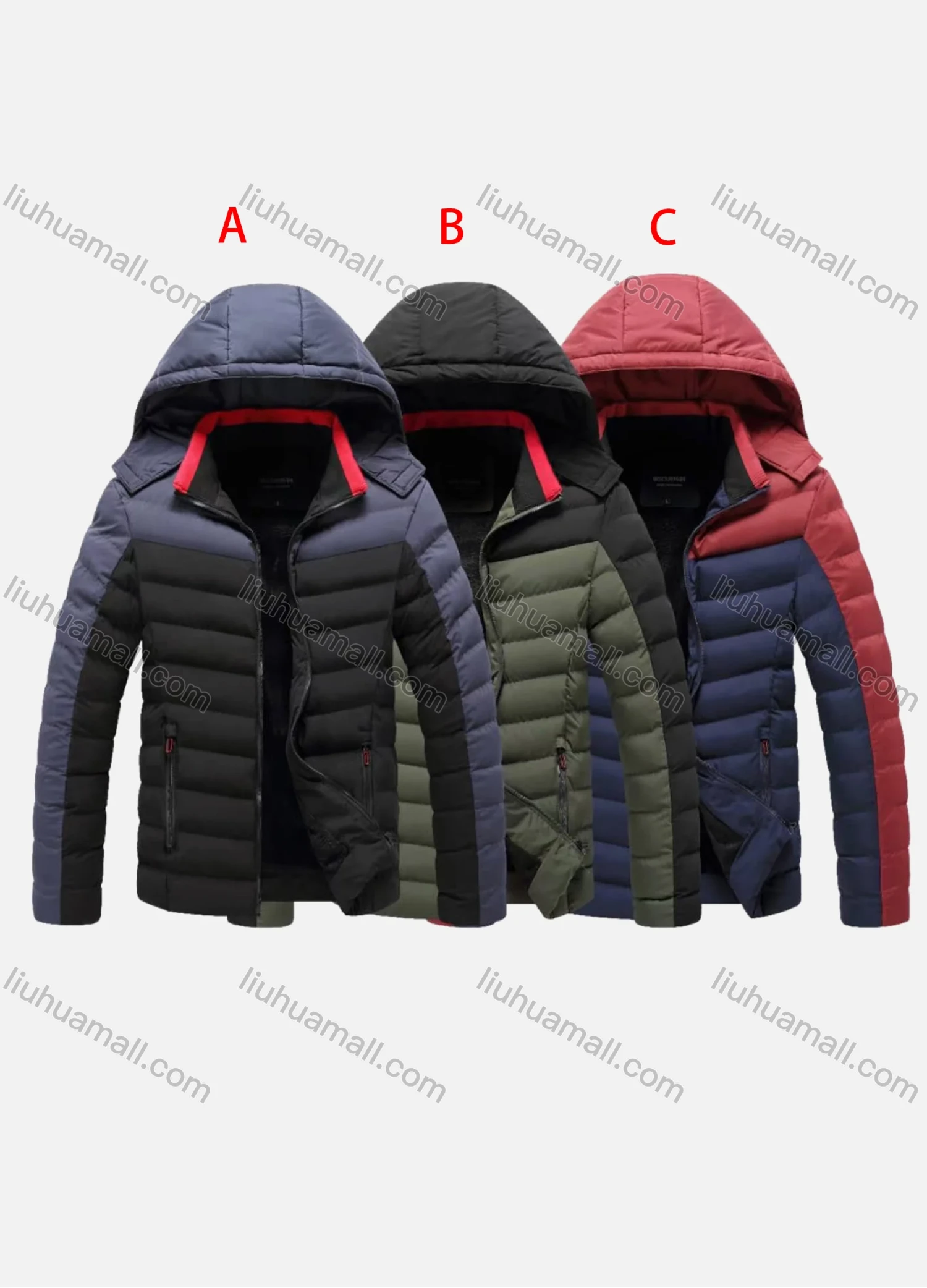 Wholesale Men's Casual Colorblock Hooded Zipper Pockets Thermal Lined Puffer Jacket 2077# - Liuhuamall