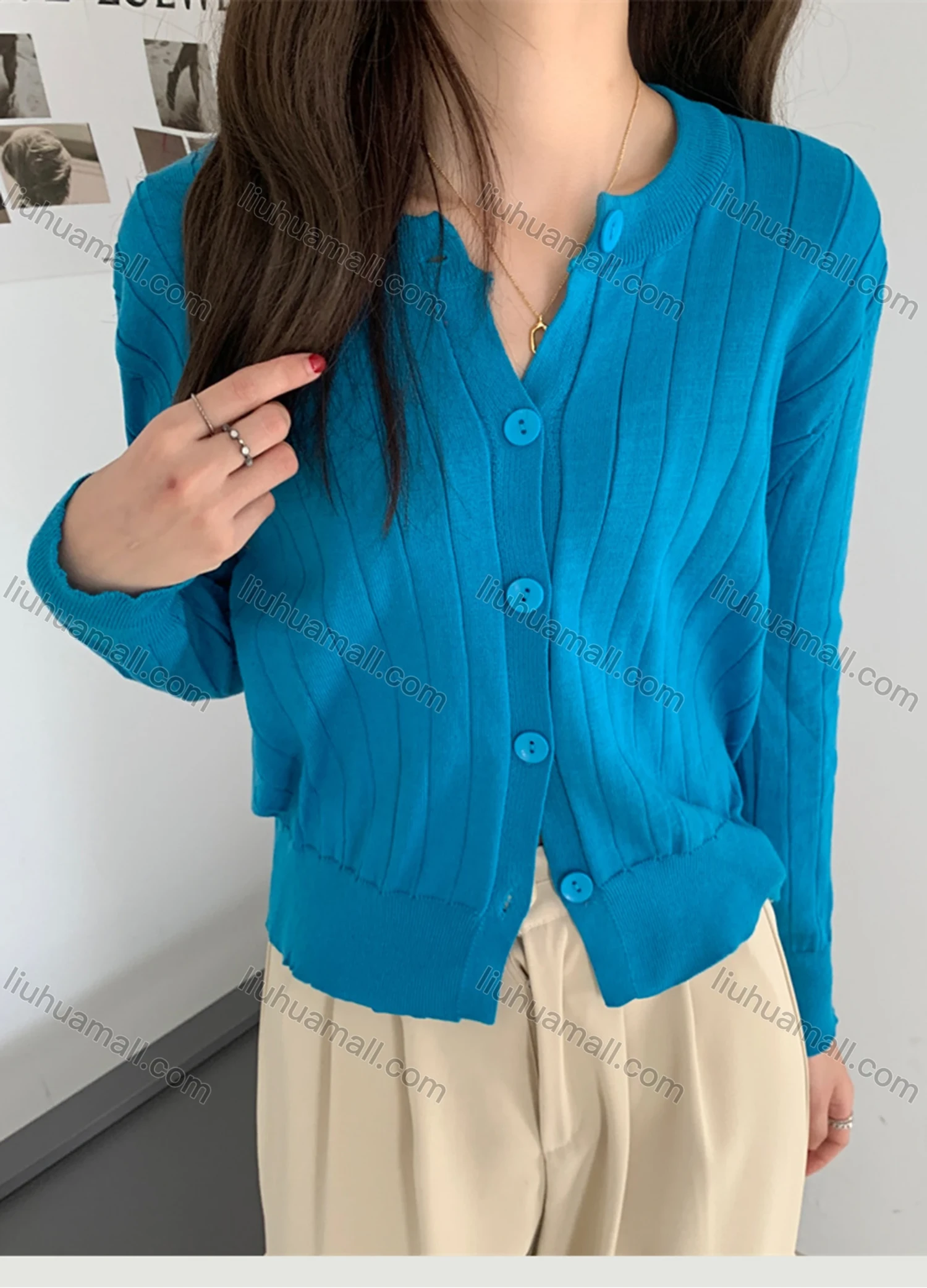 Wholesale Women's Casual Plain Round Neck Long Sleeve Button Down Sweater Shirts 8034# - Liuhuamall