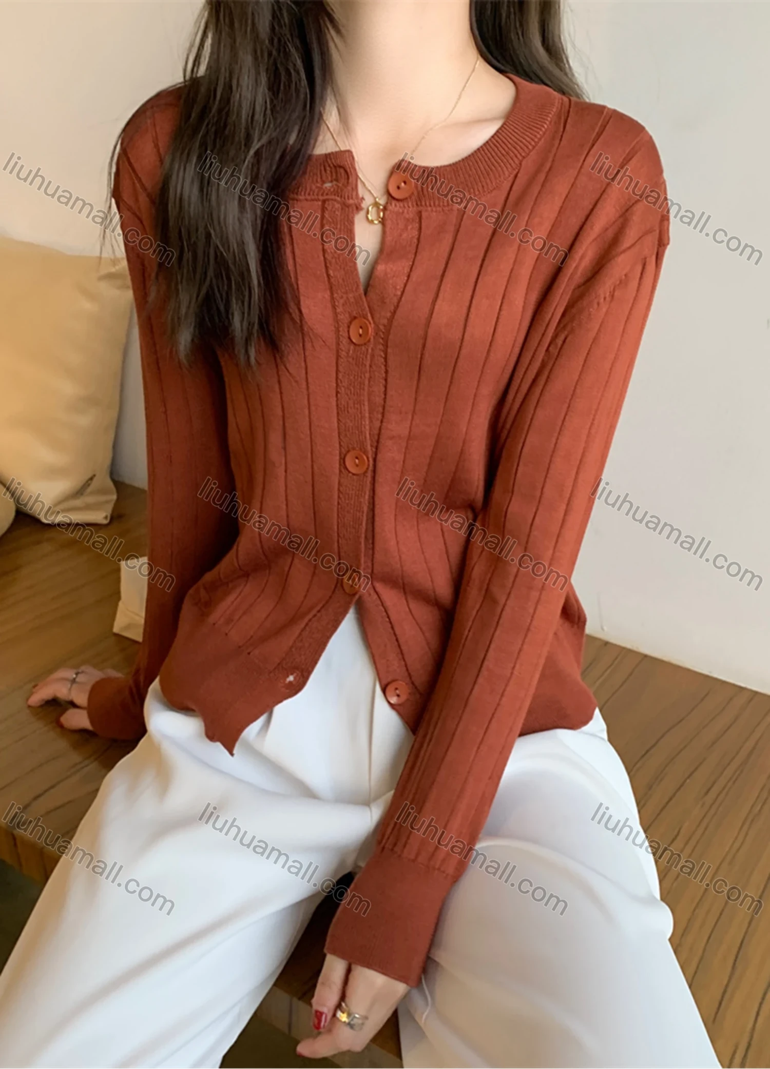 Wholesale Women's Casual Plain Round Neck Long Sleeve Button Down Sweater Shirts 8034# - Liuhuamall