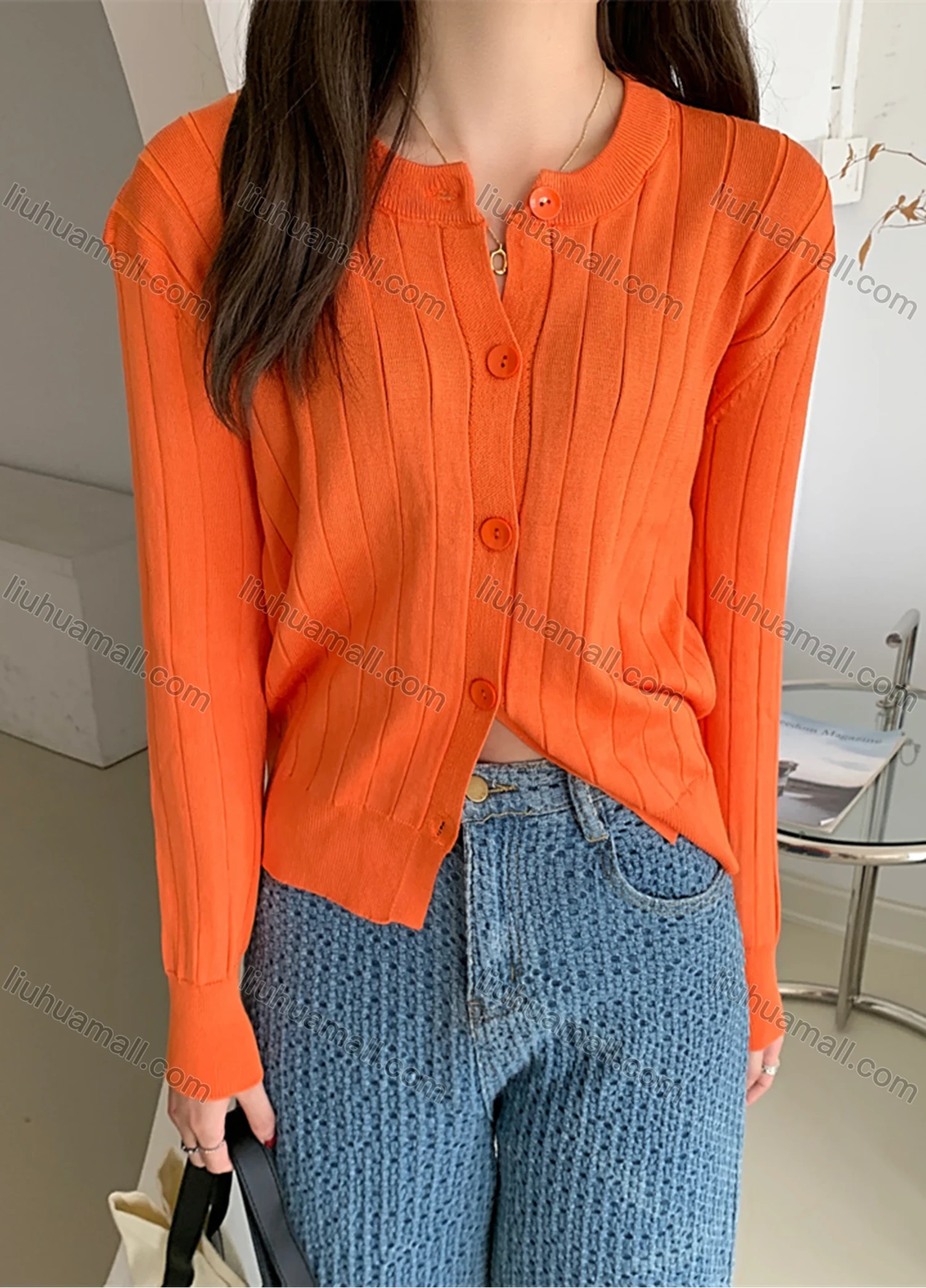 Wholesale Women's Casual Plain Round Neck Long Sleeve Button Down Sweater Shirts 8034# - Liuhuamall