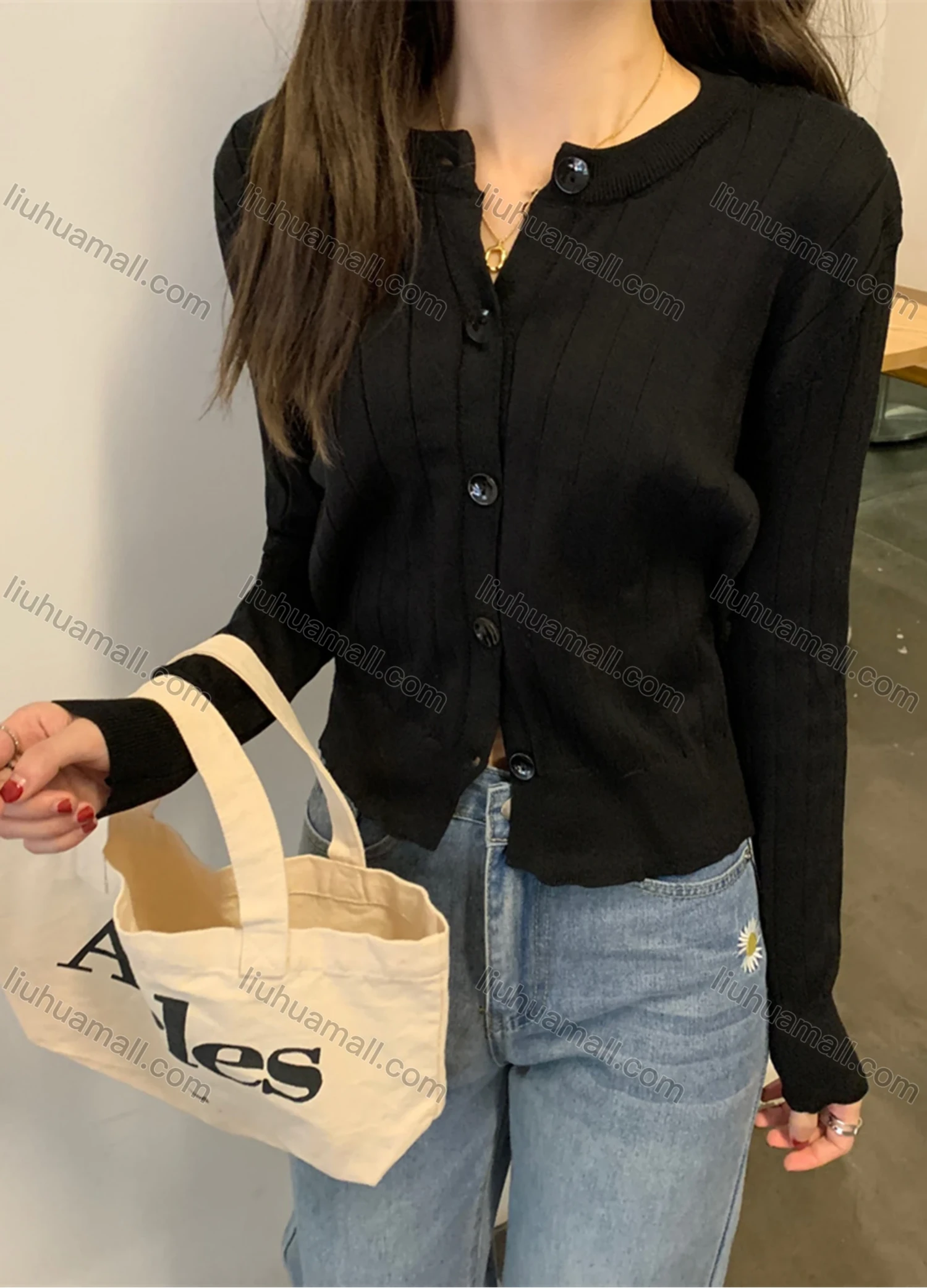 Wholesale Women's Casual Plain Round Neck Long Sleeve Button Down Sweater Shirts 8034# - Liuhuamall