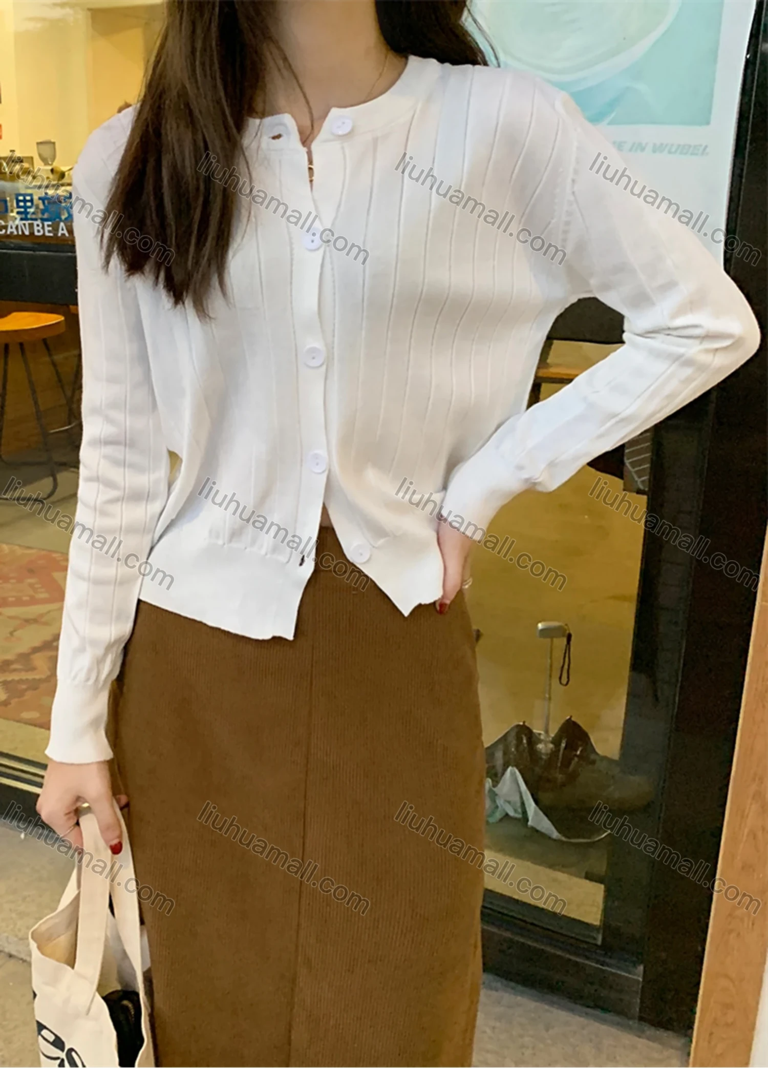 Wholesale Women's Casual Plain Round Neck Long Sleeve Button Down Sweater Shirts 8034# - Liuhuamall