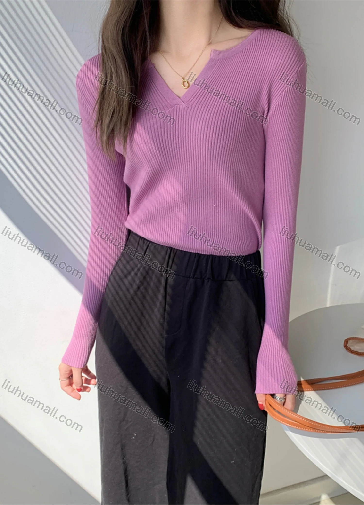 Wholesale Women's Casual Plain V Neck Long Sleeve Ribbed Knit Sweater Tops 8035# - Liuhuamall