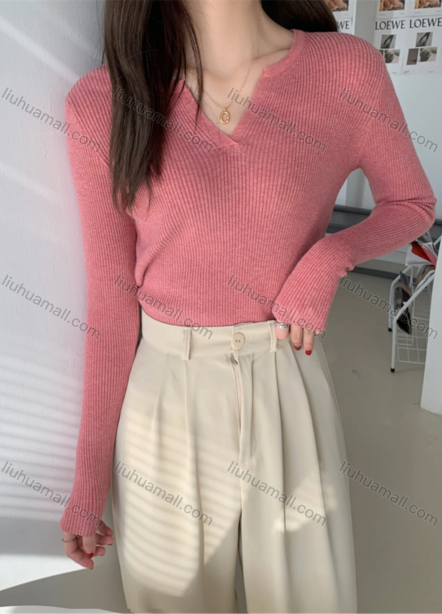 Wholesale Women's Casual Plain V Neck Long Sleeve Ribbed Knit Sweater Tops 8035# - Liuhuamall