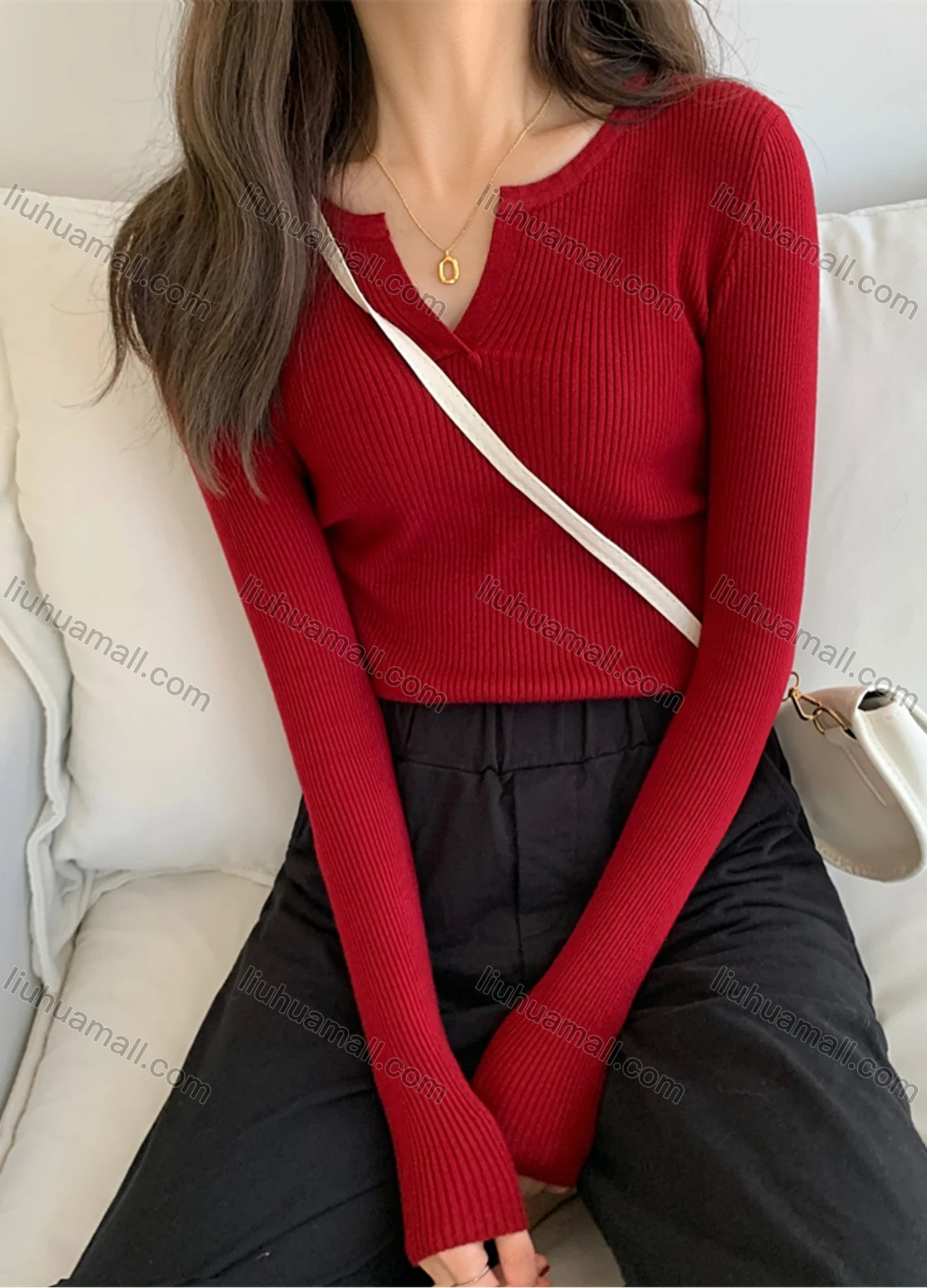 Wholesale Women's Casual Plain V Neck Long Sleeve Ribbed Knit Sweater Tops 8035# - Liuhuamall