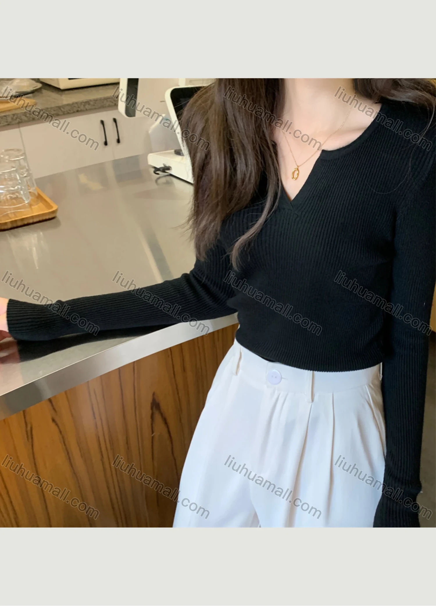 Wholesale Women's Casual Plain V Neck Long Sleeve Ribbed Knit Sweater Tops 8035# - Liuhuamall