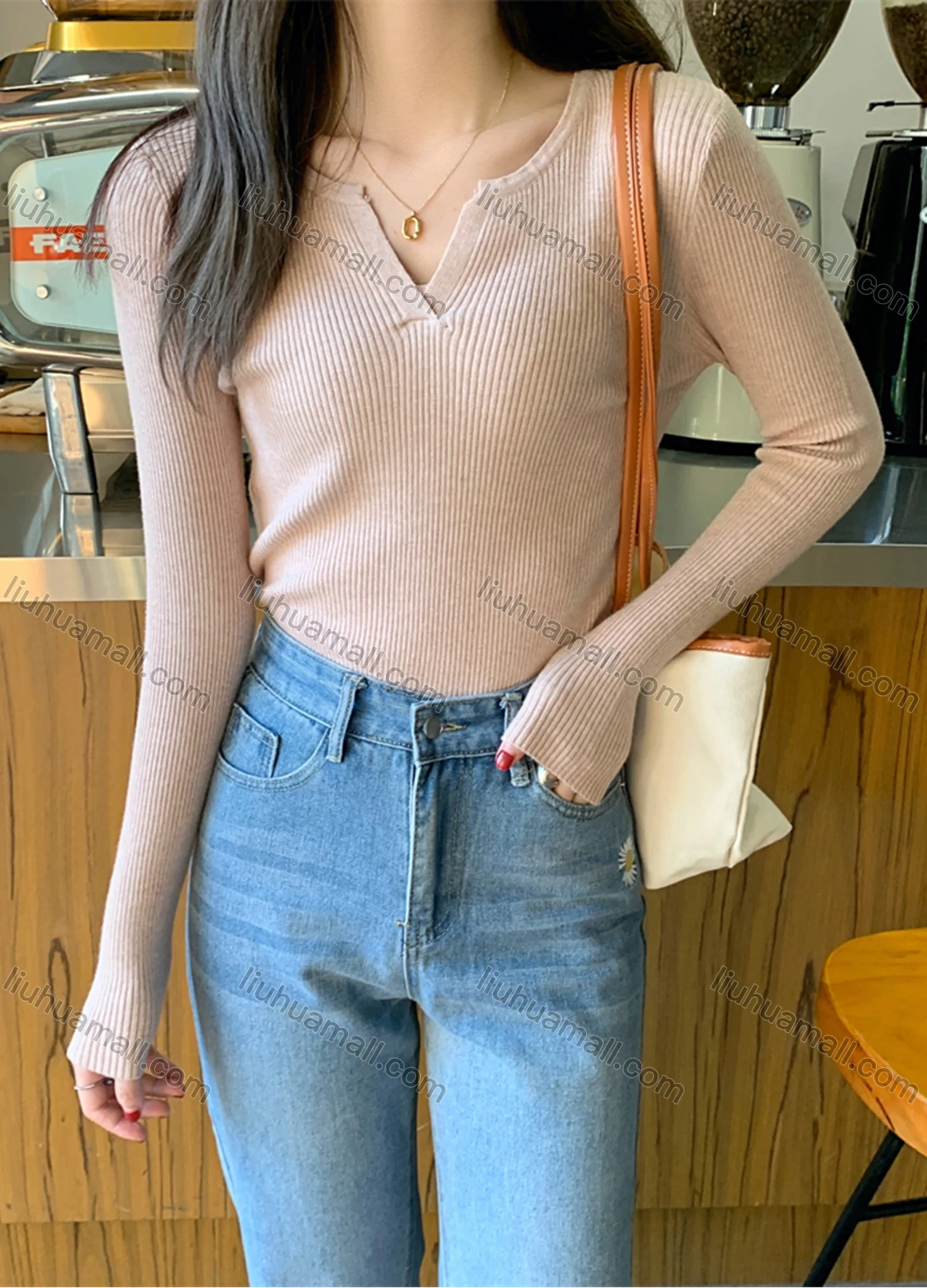 Wholesale Women's Casual Plain V Neck Long Sleeve Ribbed Knit Sweater Tops 8035# - Liuhuamall
