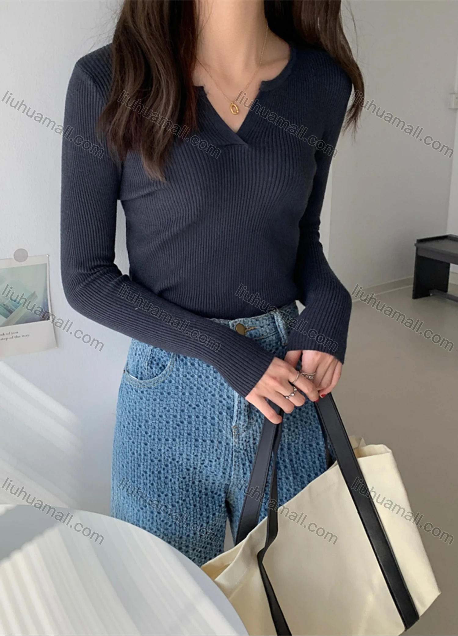 Wholesale Women's Casual Plain V Neck Long Sleeve Ribbed Knit Sweater Tops 8035# - Liuhuamall