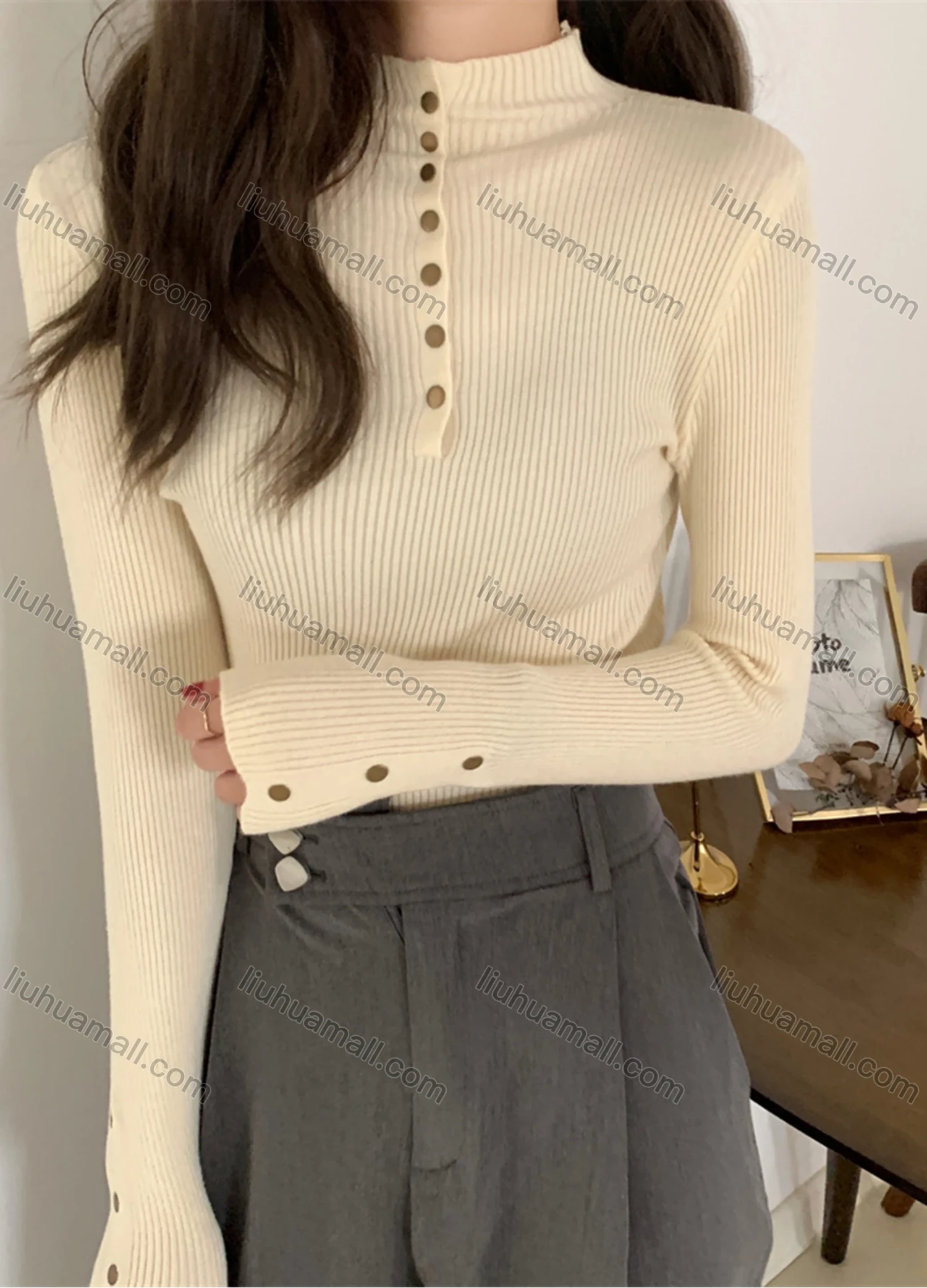 Wholesale Women's Casual Plain Mock Neck Button Front Long Sleeve Ribbed Knit Sweater Tops 8037# - Liuhuamall