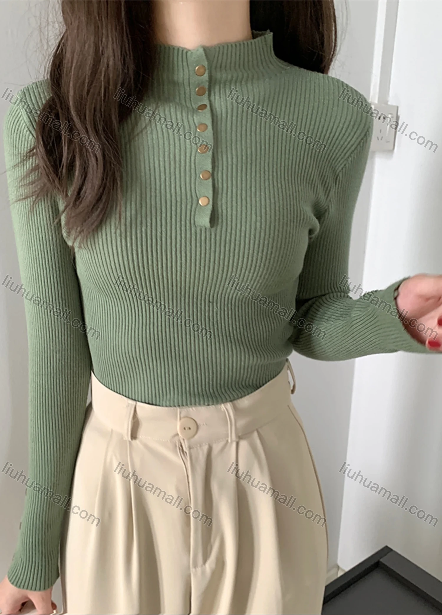 Wholesale Women's Casual Plain Mock Neck Button Front Long Sleeve Ribbed Knit Sweater Tops 8037# - Liuhuamall