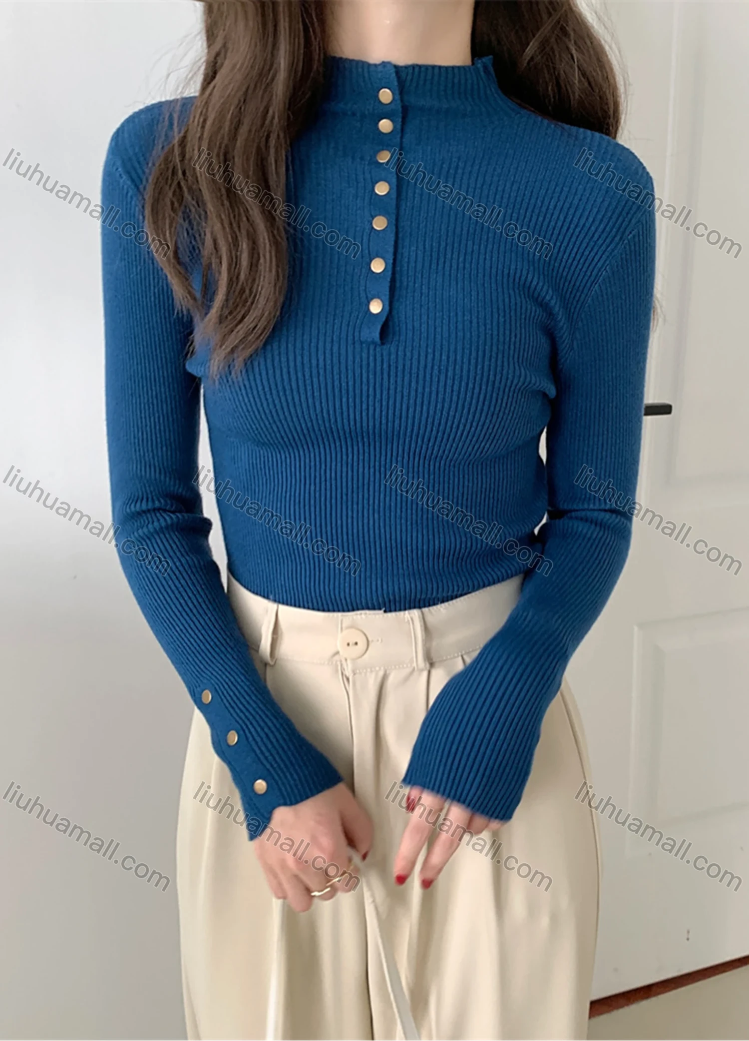 Wholesale Women's Casual Plain Mock Neck Button Front Long Sleeve Ribbed Knit Sweater Tops 8037# - Liuhuamall
