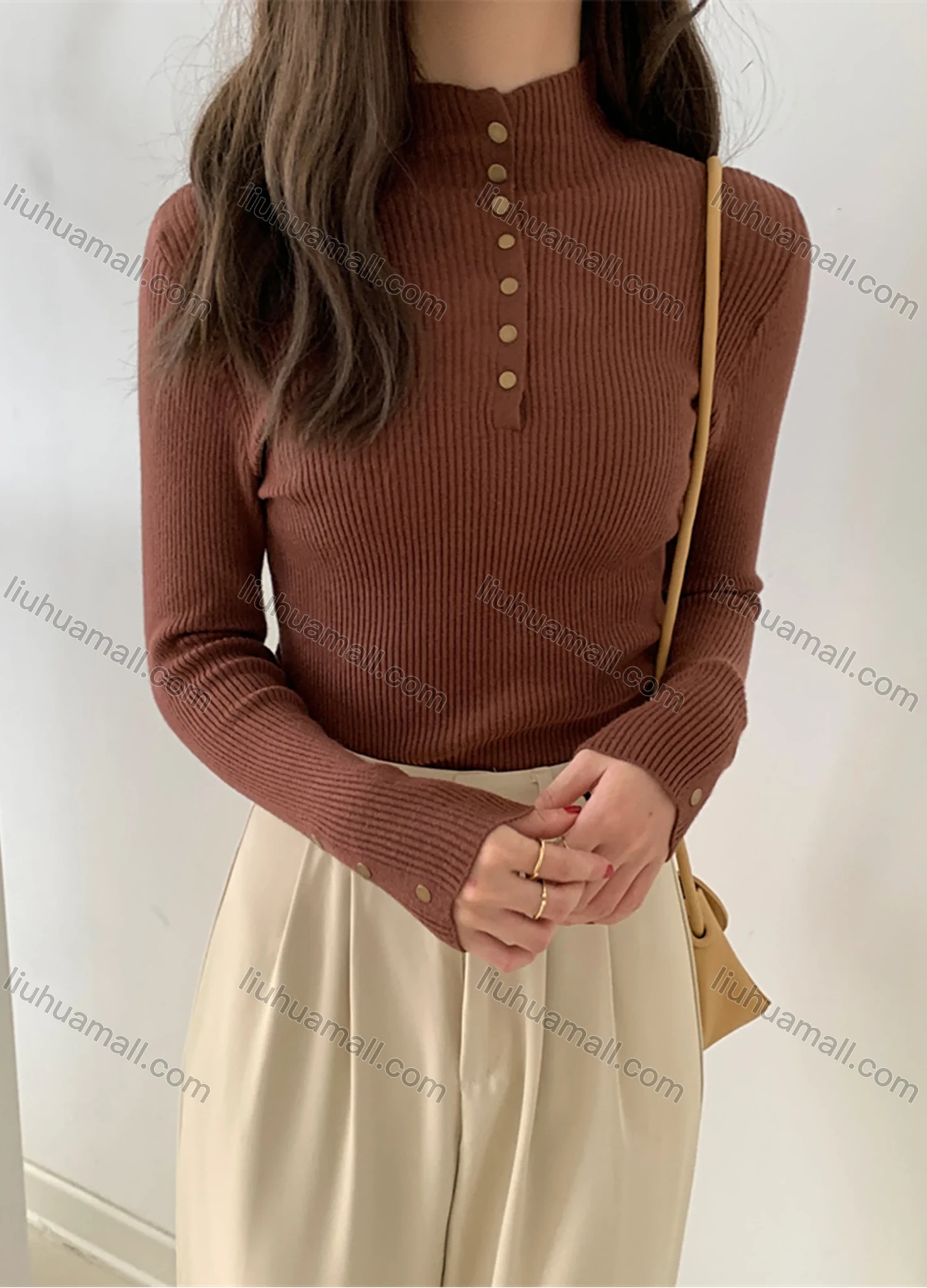 Wholesale Women's Casual Plain Mock Neck Button Front Long Sleeve Ribbed Knit Sweater Tops 8037# - Liuhuamall