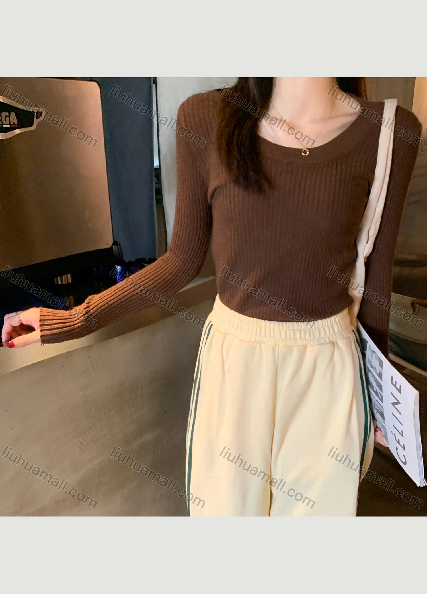 Wholesale Women's Casual Plain Round Neck Long Sleeve Ribbed Knit Sweater Tops 8040# - Liuhuamall