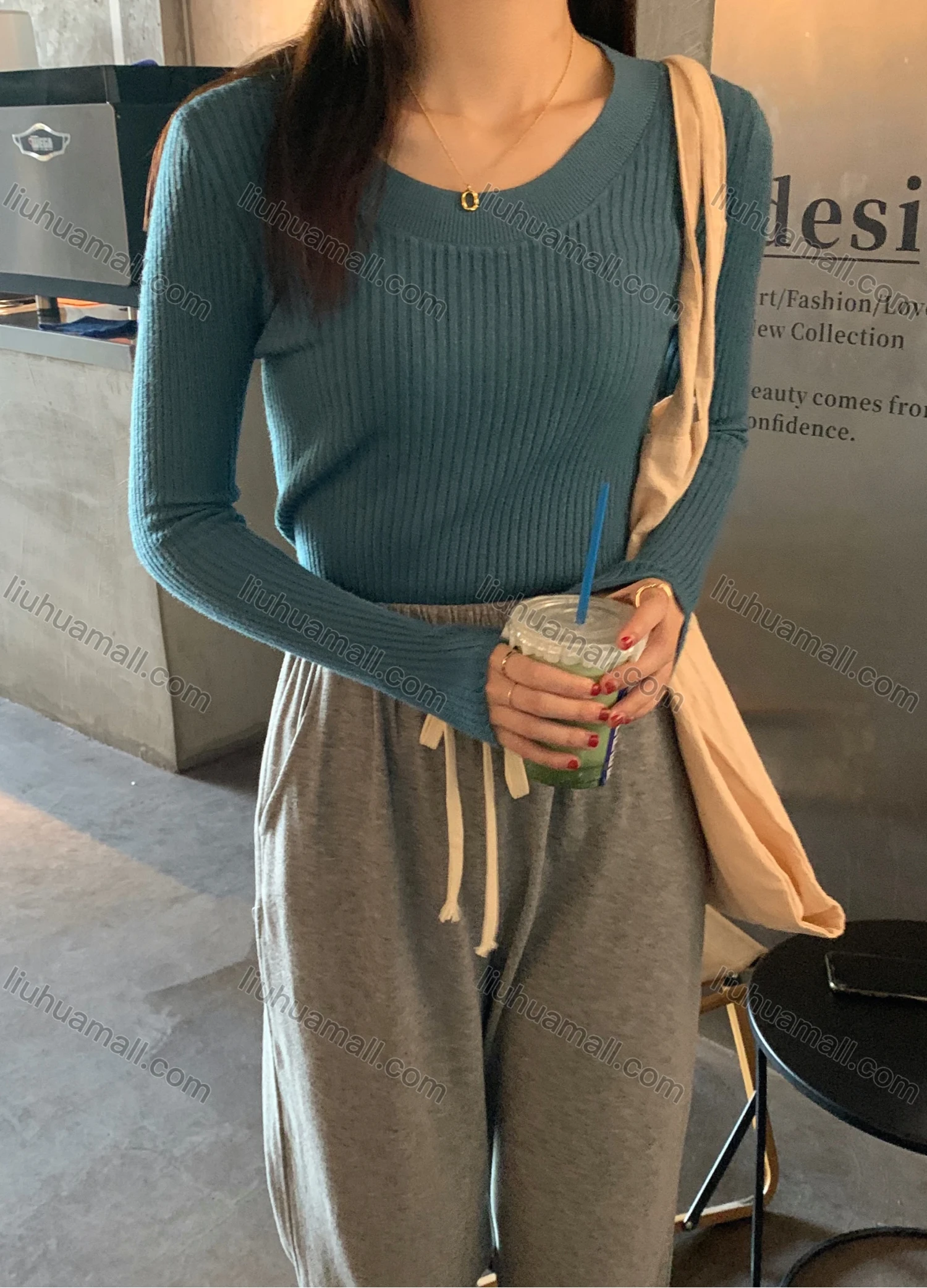 Wholesale Women's Casual Plain Round Neck Long Sleeve Ribbed Knit Sweater Tops 8040# - Liuhuamall