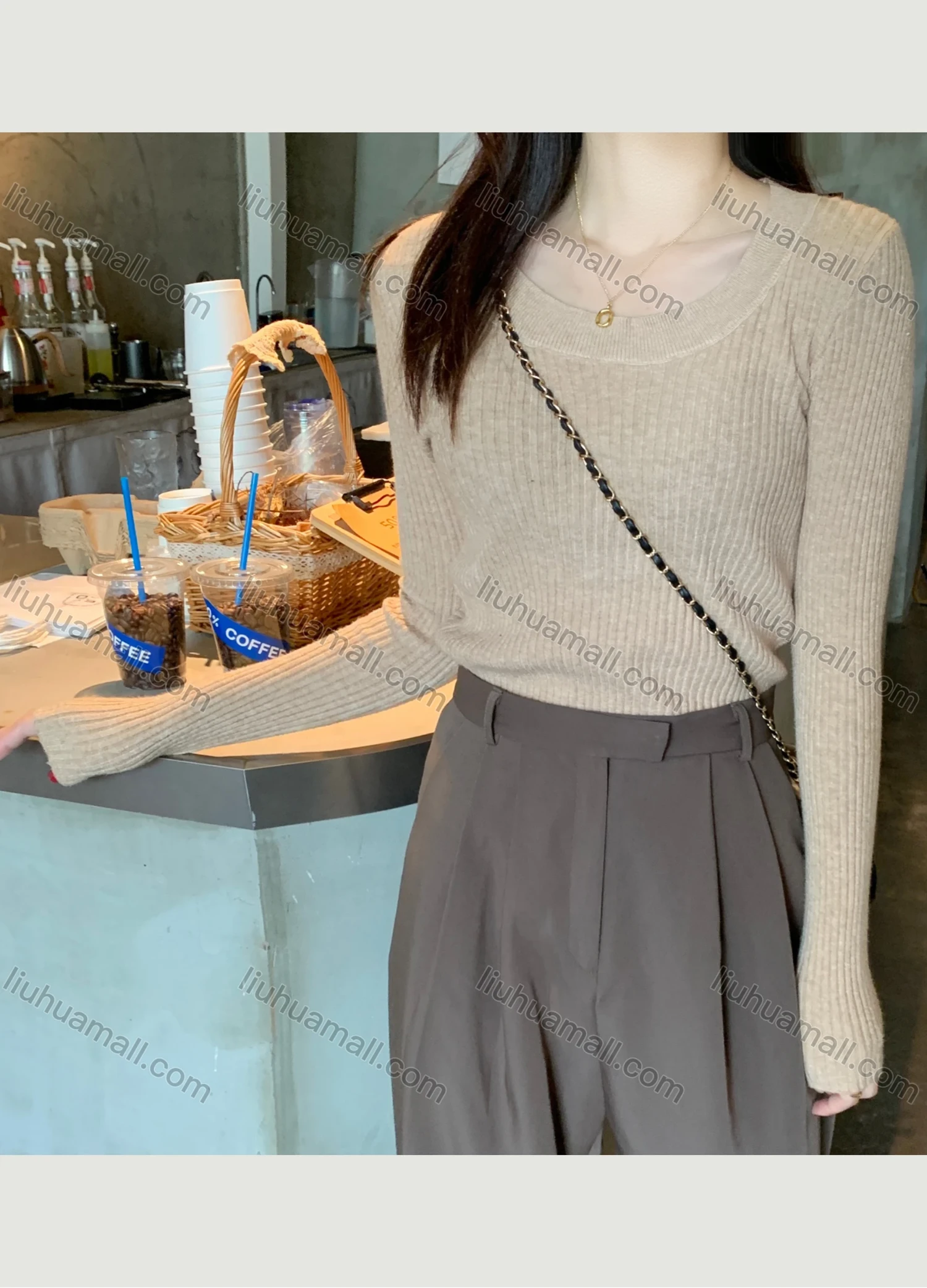 Wholesale Women's Casual Plain Round Neck Long Sleeve Ribbed Knit Sweater Tops 8040# - Liuhuamall