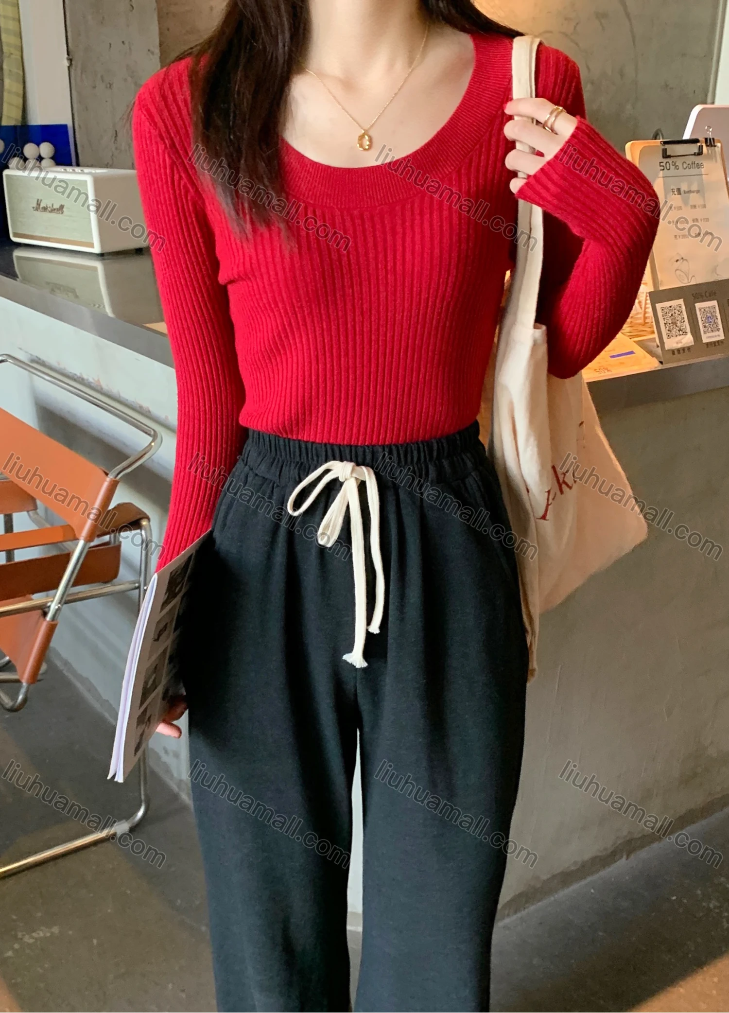 Wholesale Women's Casual Plain Round Neck Long Sleeve Ribbed Knit Sweater Tops 8040# - Liuhuamall