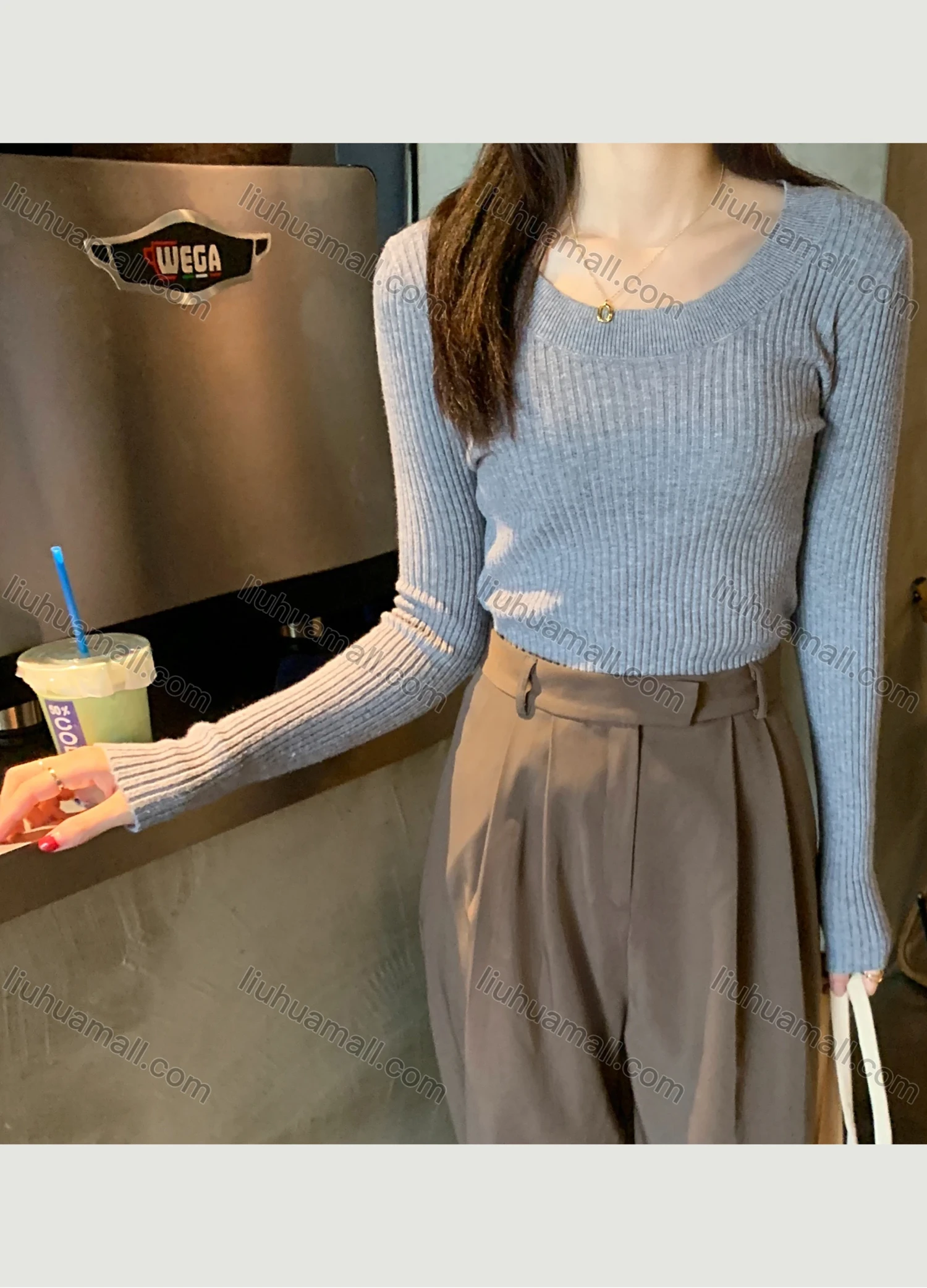 Wholesale Women's Casual Plain Round Neck Long Sleeve Ribbed Knit Sweater Tops 8040# - Liuhuamall