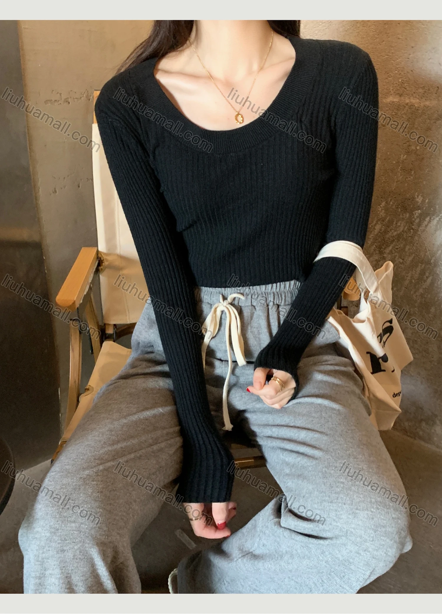 Wholesale Women's Casual Plain Round Neck Long Sleeve Ribbed Knit Sweater Tops 8040# - Liuhuamall