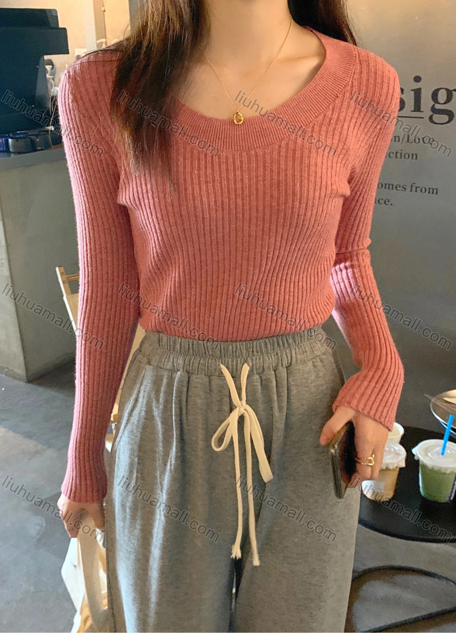 Wholesale Women's Casual Plain Round Neck Long Sleeve Ribbed Knit Sweater Tops 8040# - Liuhuamall