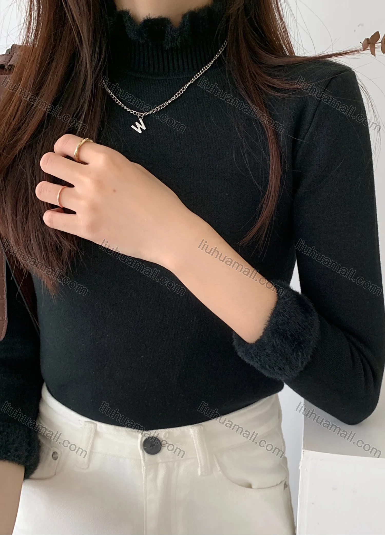 Wholesale Women's Casual Plain Fluff High Neck Long Sleeve Sweater Tops 8043# - Liuhuamall