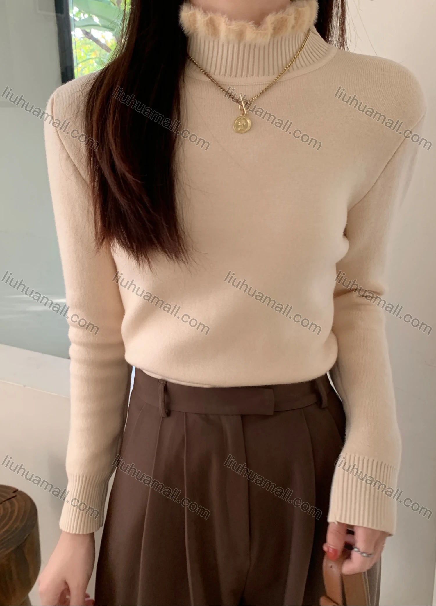 Wholesale Women's Casual Plain Fluff High Neck Long Sleeve Sweater Tops 8043# - Liuhuamall