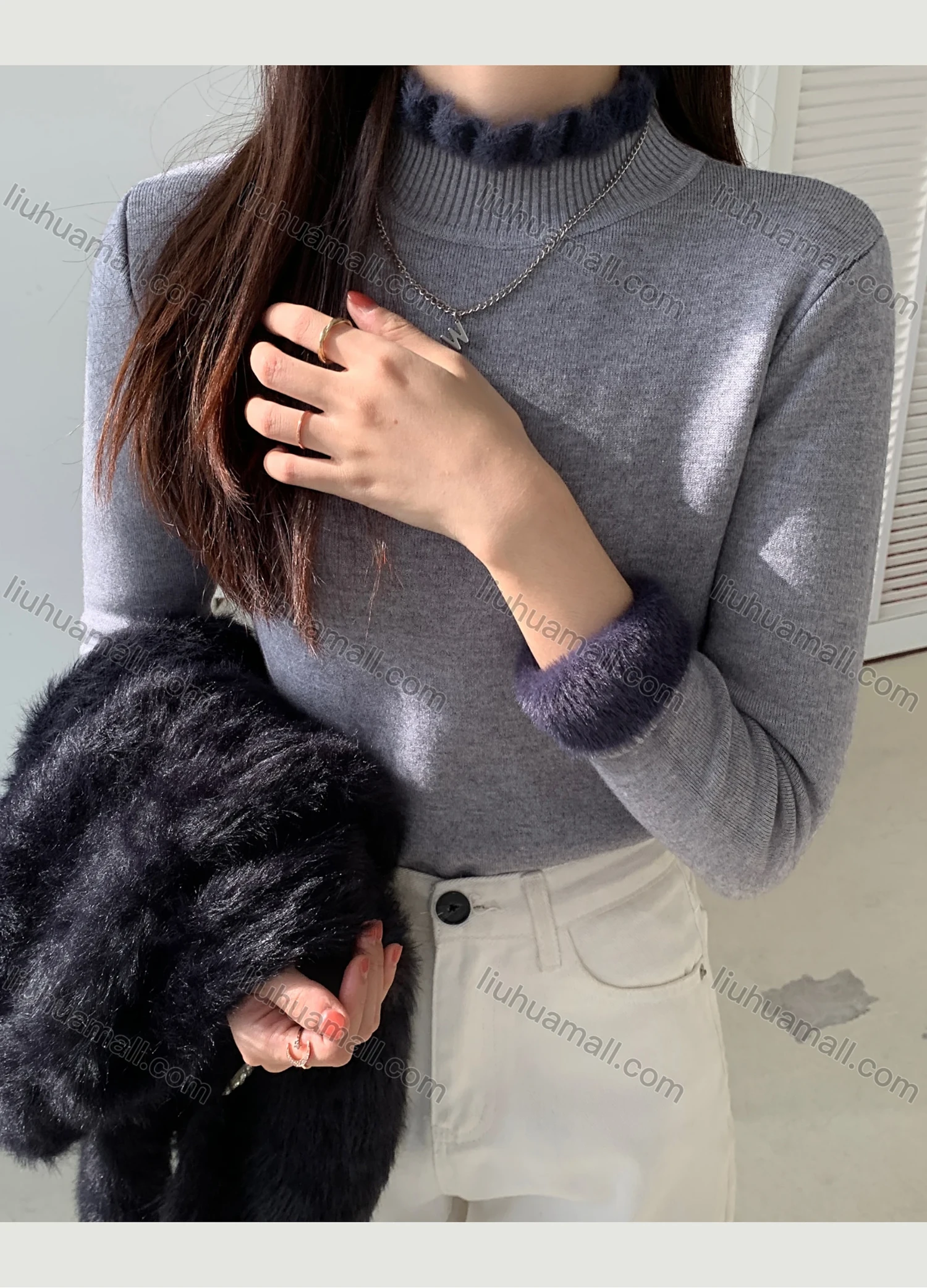 Wholesale Women's Casual Plain Fluff High Neck Long Sleeve Sweater Tops 8043# - Liuhuamall