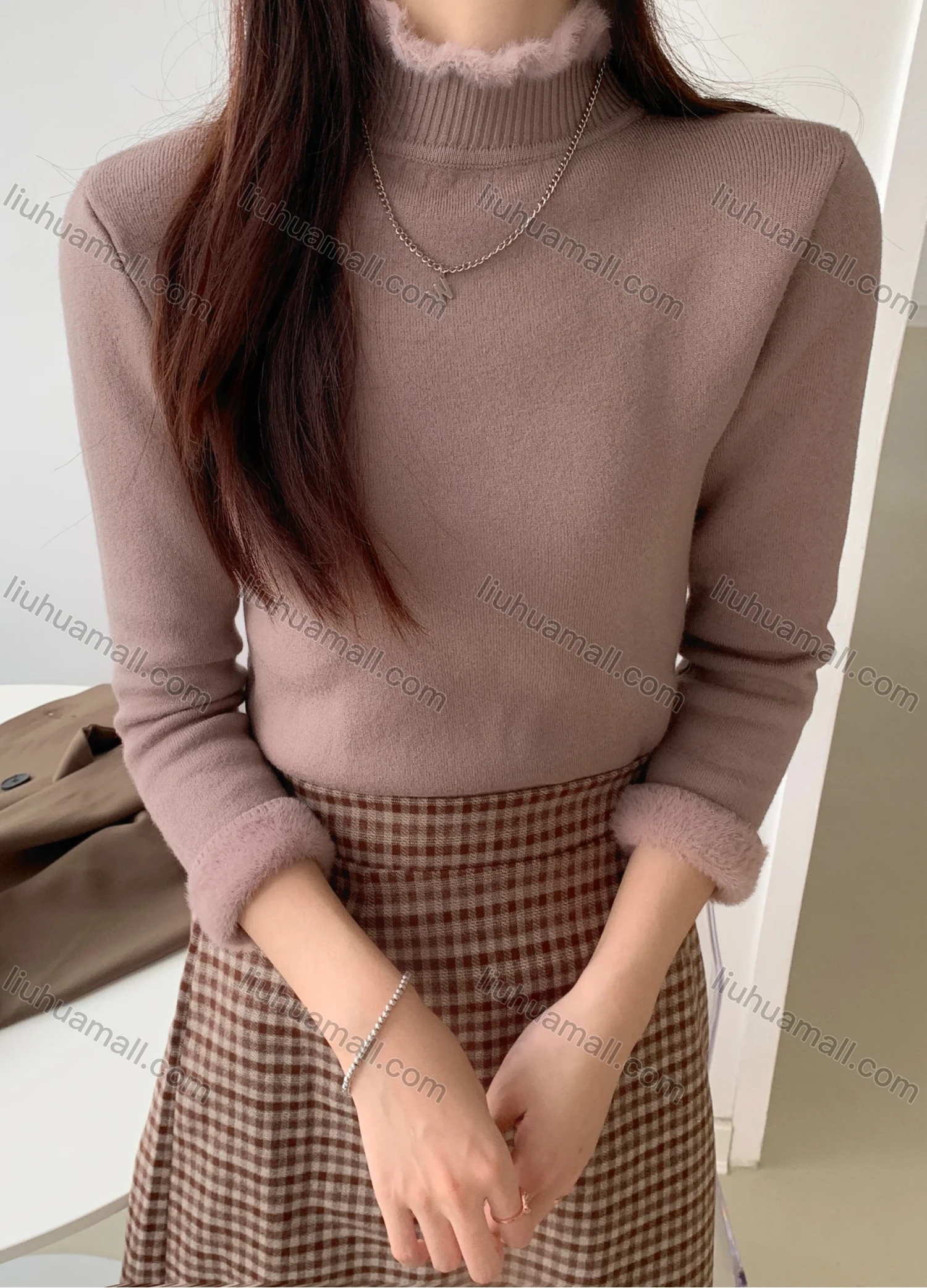 Wholesale Women's Casual Plain Fluff High Neck Long Sleeve Sweater Tops 8043# - Liuhuamall
