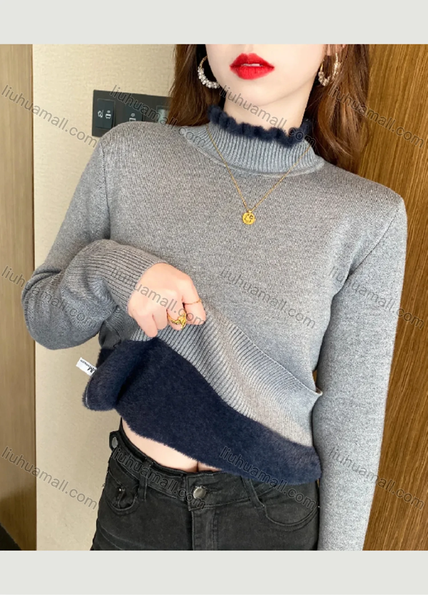 Wholesale Women's Casual Plain Fluff High Neck Long Sleeve Sweater Tops 8043# - Liuhuamall