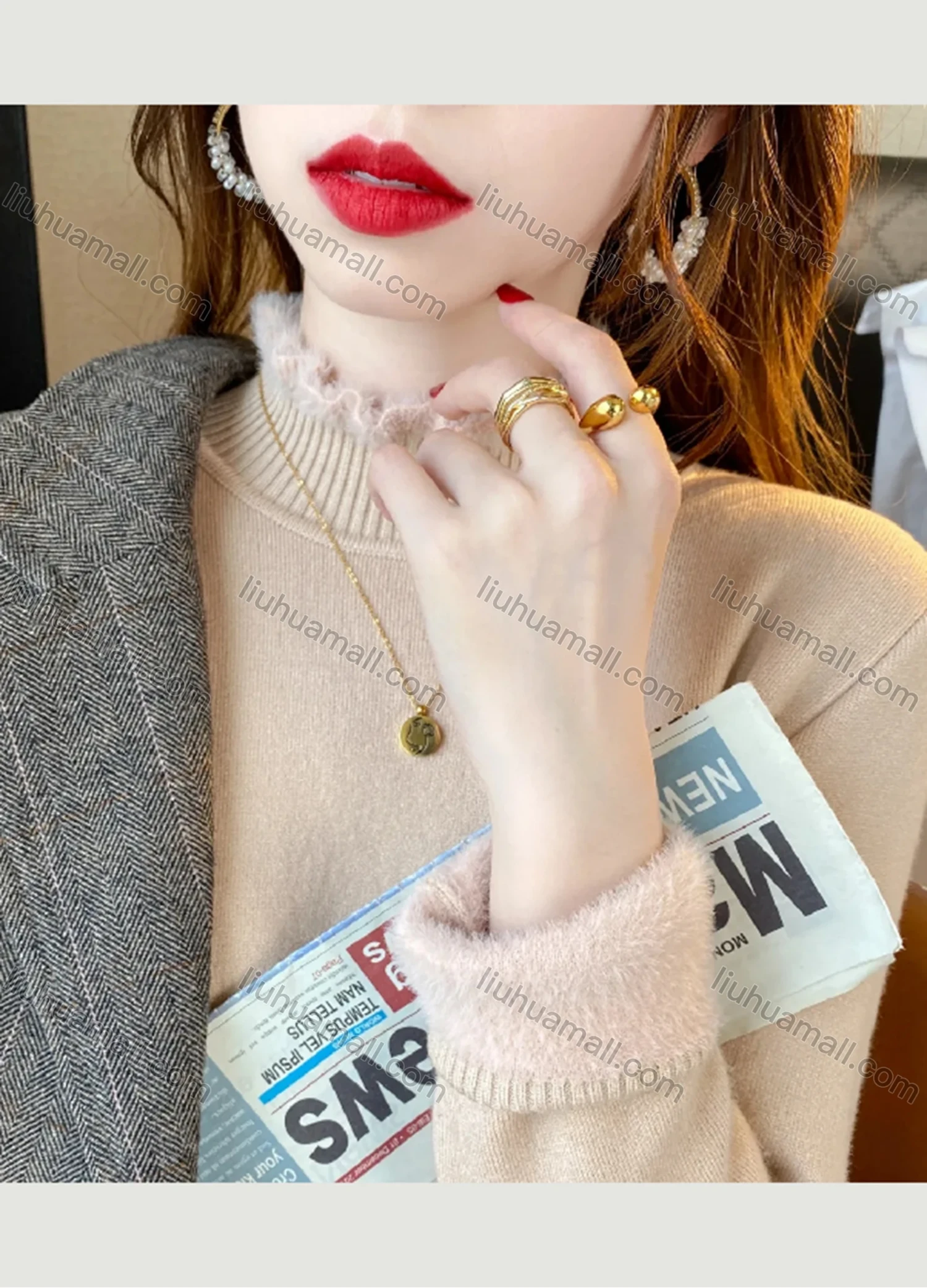 Wholesale Women's Casual Plain Fluff High Neck Long Sleeve Sweater Tops 8043# - Liuhuamall