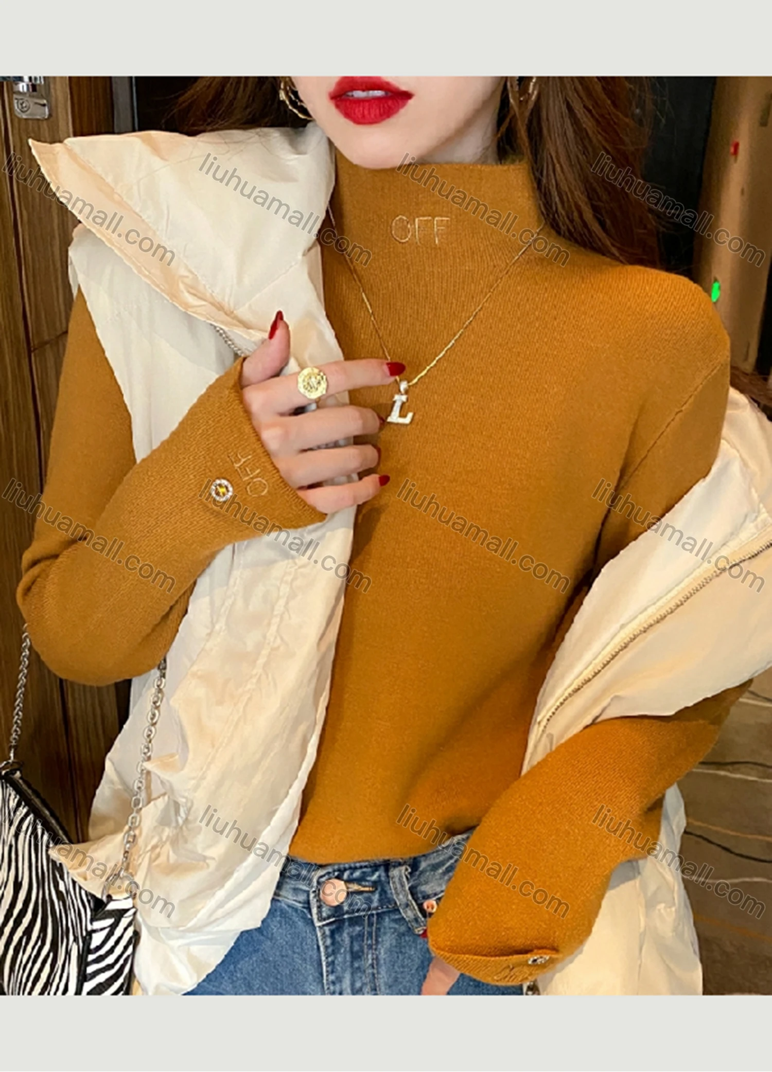 Wholesale Women's Casual Plain High Neck Letter Embroidery Long Sleeve Sweater Tops 8048# - Liuhuamall
