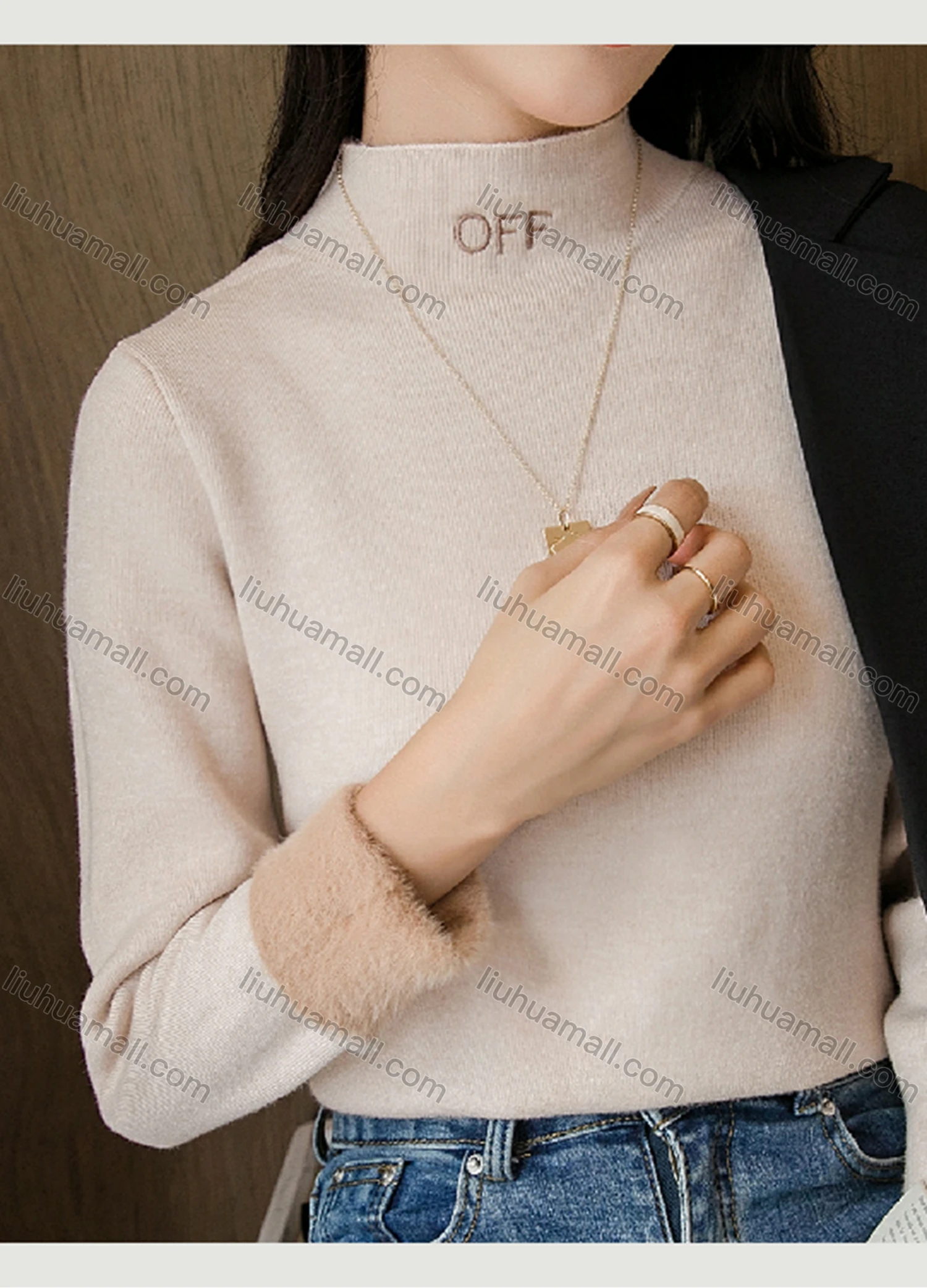 Wholesale Women's Casual Plain High Neck Letter Embroidery Long Sleeve Sweater Tops 8048# - Liuhuamall