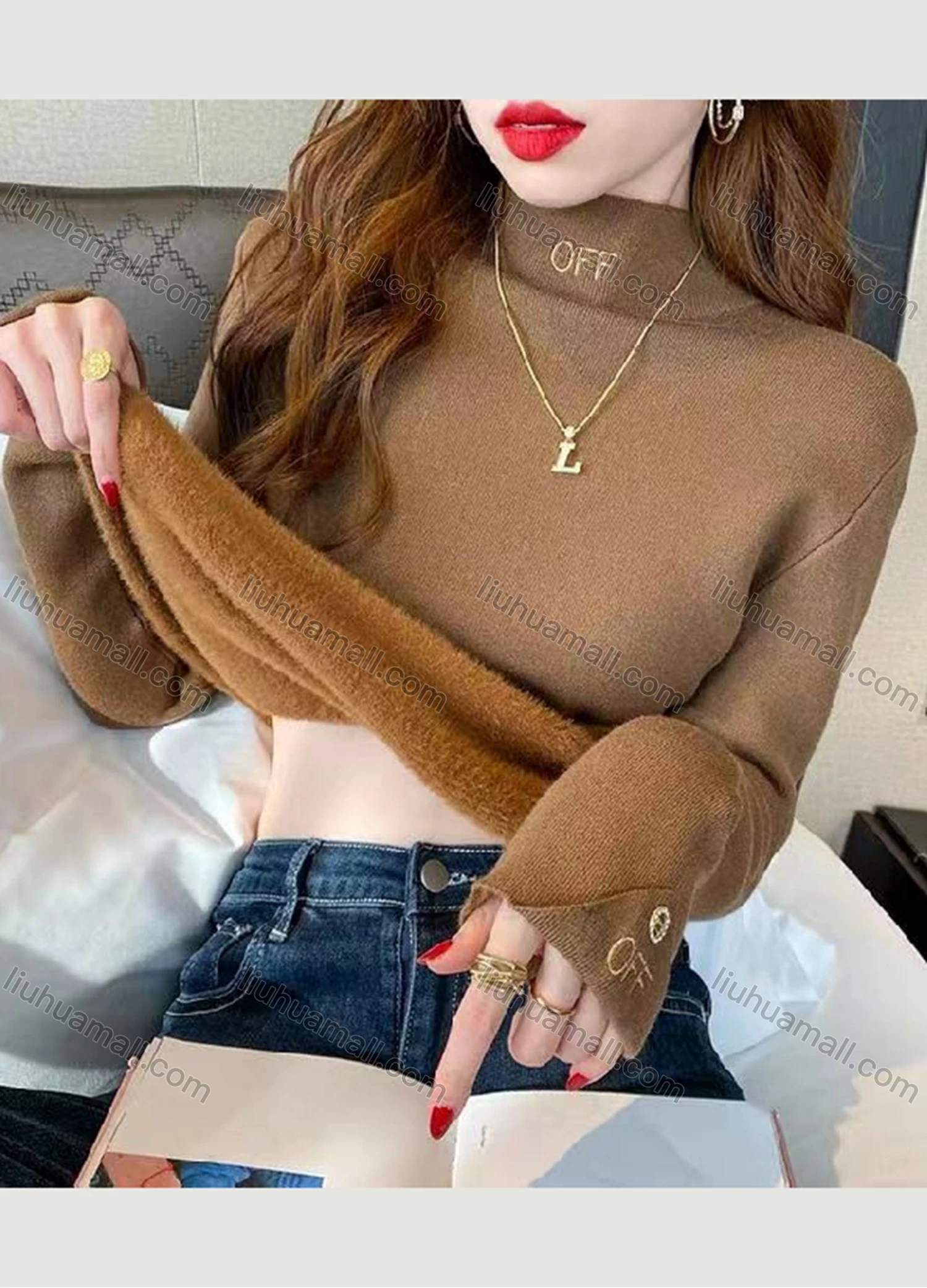 Wholesale Women's Casual Plain High Neck Letter Embroidery Long Sleeve Sweater Tops 8048# - Liuhuamall