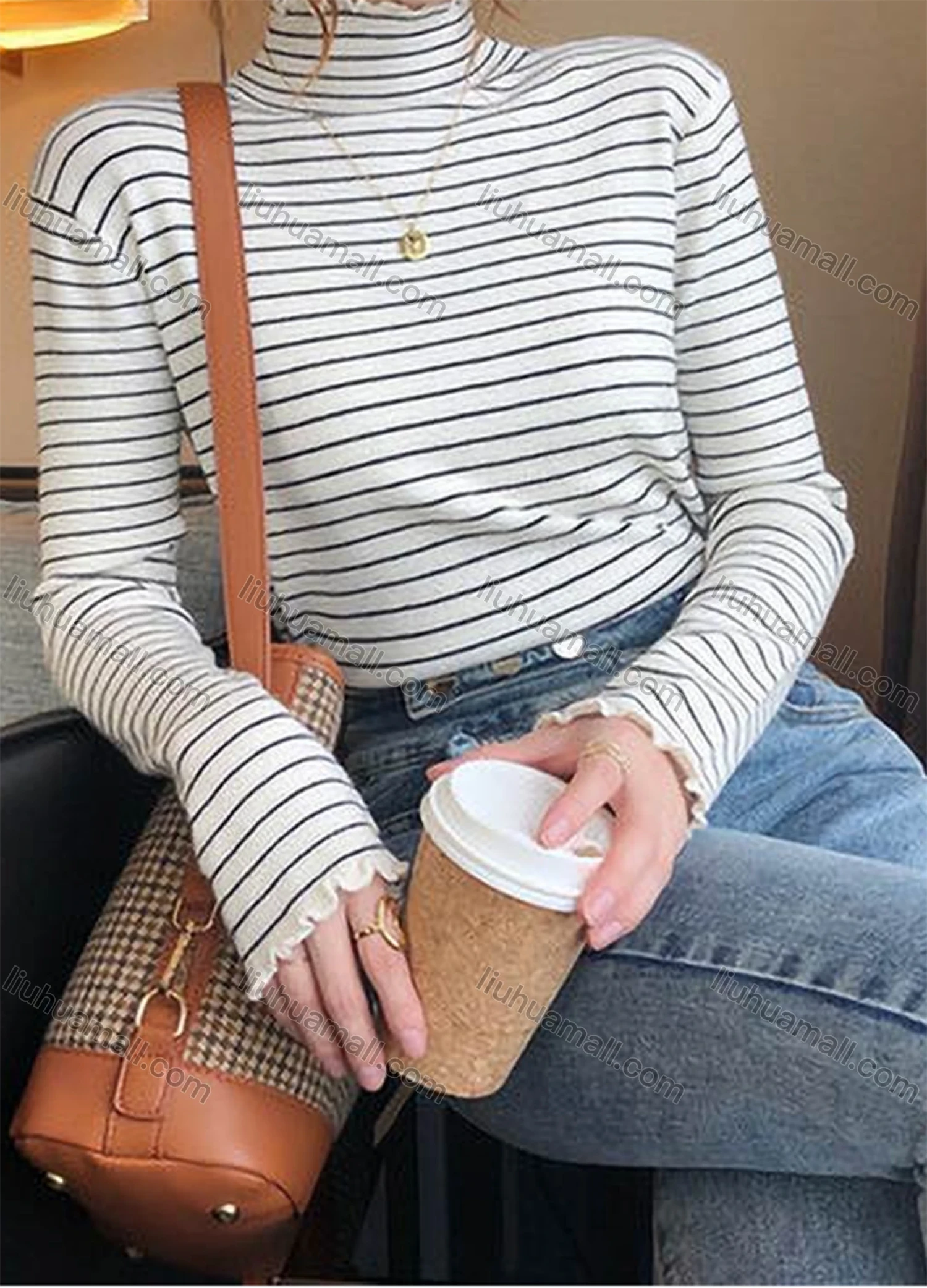 Wholesale Women's Casual Striped High Neck Long Sleeve Sweater Tops 8053# - Liuhuamall