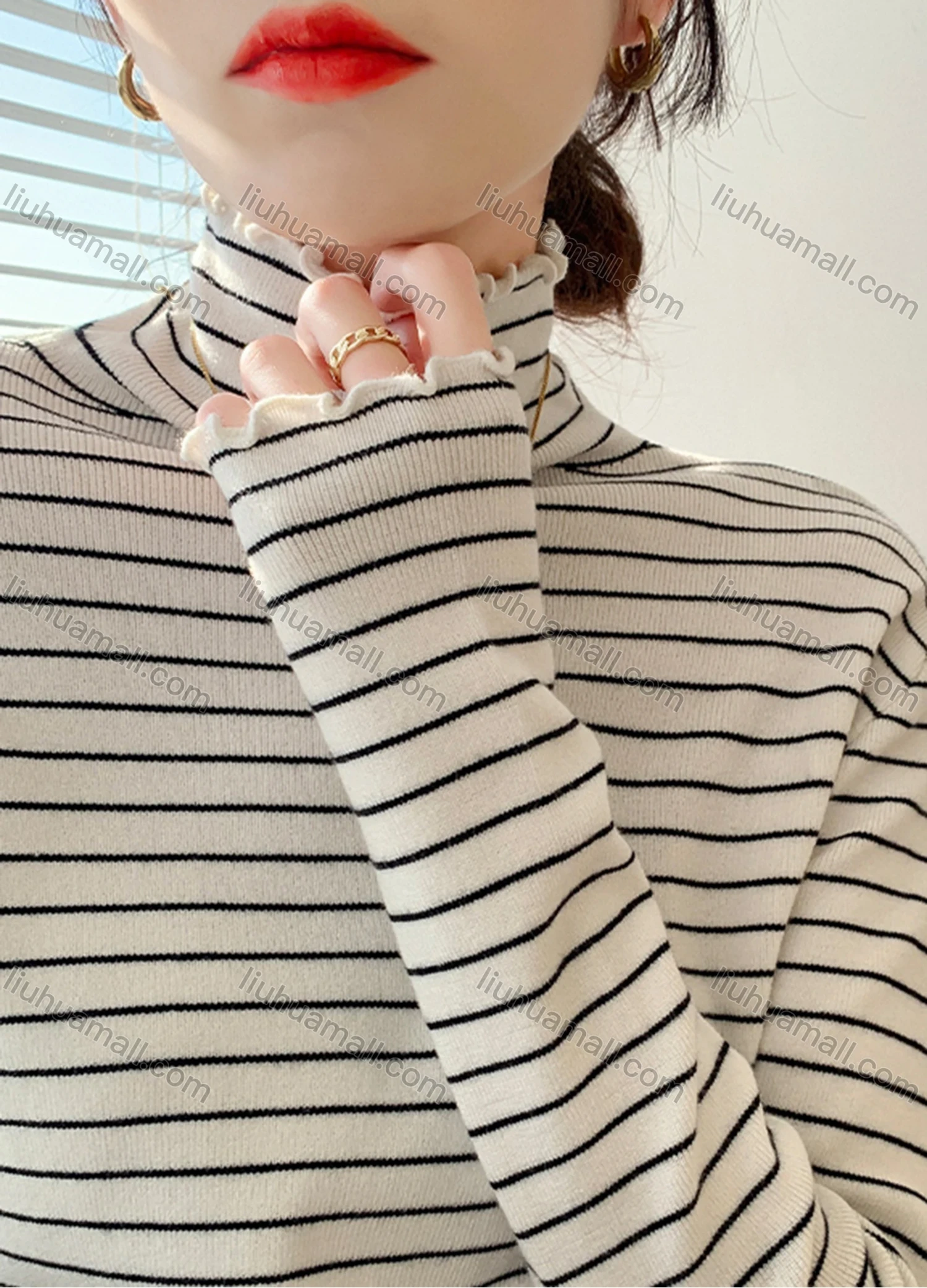 Wholesale Women's Casual Striped High Neck Long Sleeve Sweater Tops 8053# - Liuhuamall