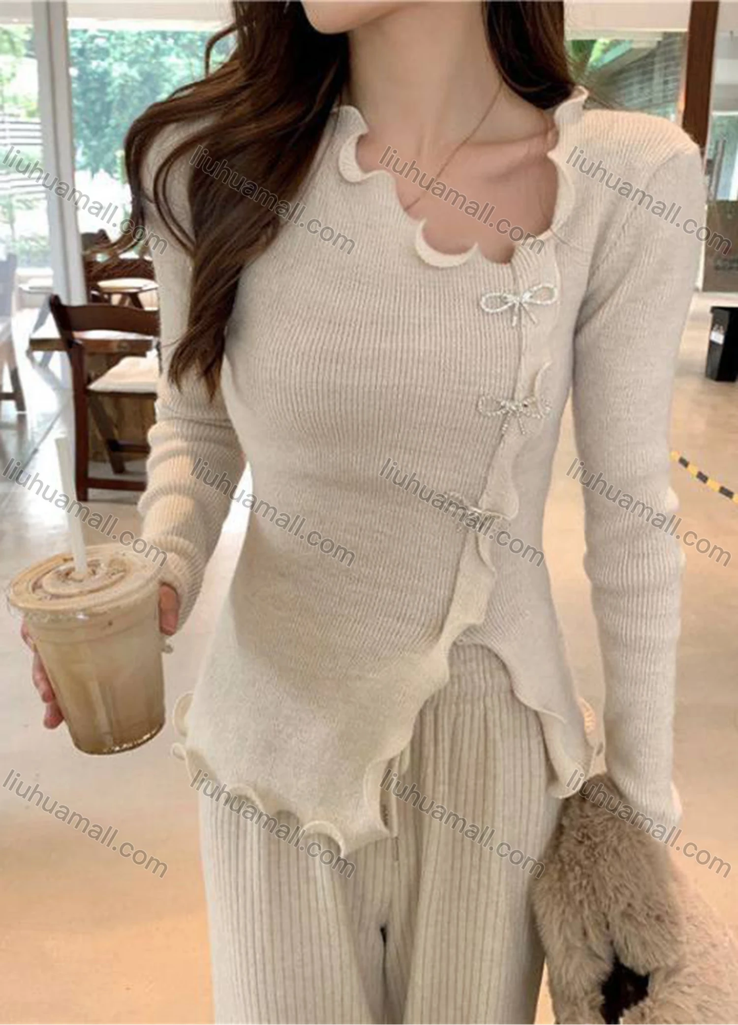Wholesale Women's Casual Plain Ruffle Trim Split Hem Ribbed Knit Sweater Tops 8058# - Liuhuamall