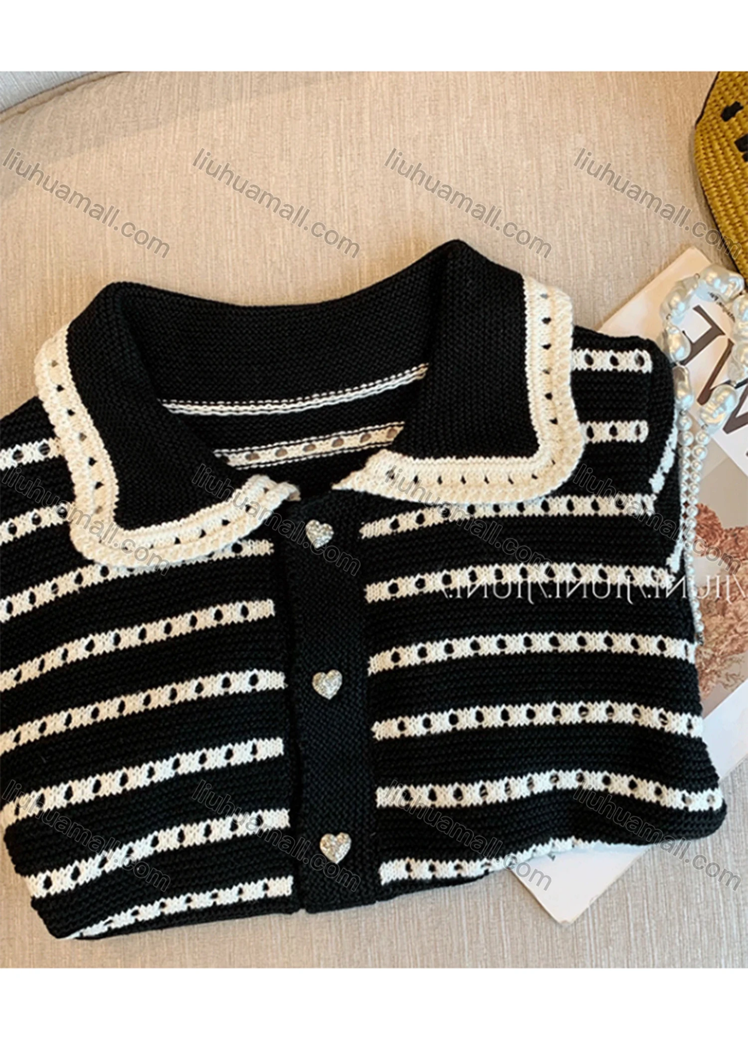 Wholesale Women's Casual Striped Collared Button Down Short Sleeve Knit Sweater Tops 8067# - Liuhuamall