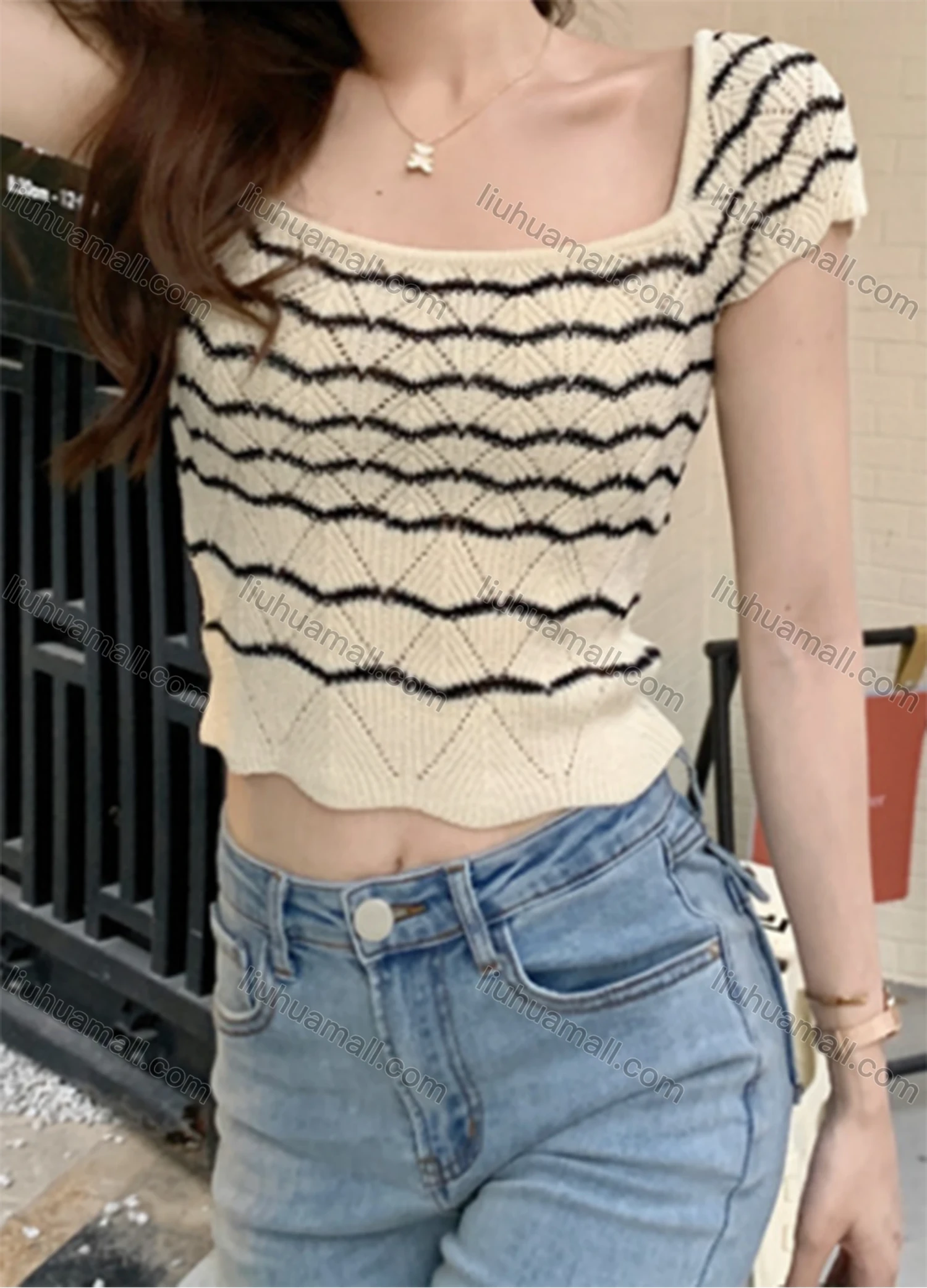 Wholesale Women's Casual Wave Striped Square Neck Short Sleeve Crop Ribbed Knit Sweater Top 8071# - Liuhuamall