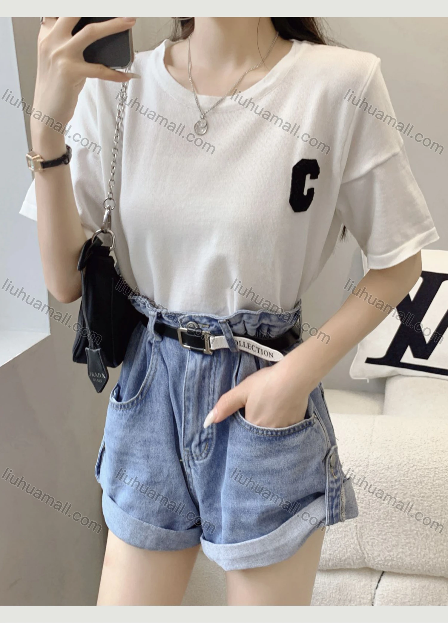 Wholesale Women's Casual Plain & Striped Round Neck Short Sleeve Tee 8079# - Liuhuamall