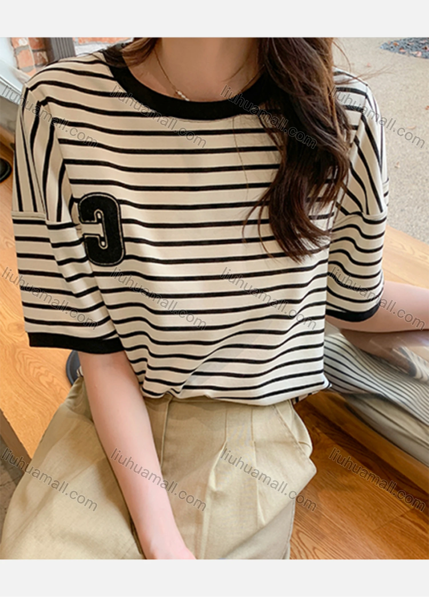 Wholesale Women's Casual Plain & Striped Round Neck Short Sleeve Tee 8079# - Liuhuamall